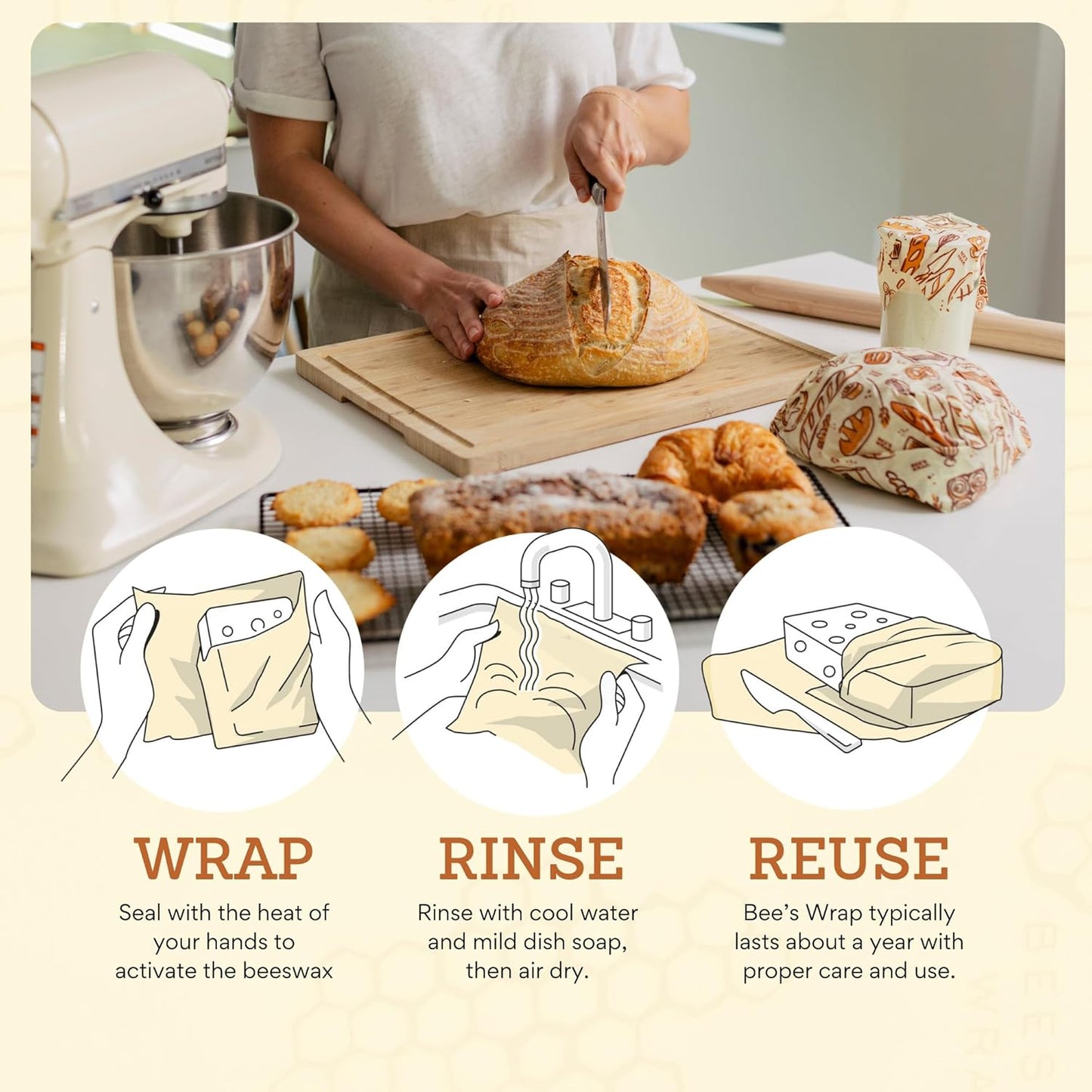 Bee's Wrap Beeswax Wraps for Food - Bakery Lane Bread Wrap - Made in USA Reusable Bread Storage Bags - Organic & Eco-Friendly Alternative to Aluminum Foil, Sourdough Bags & Plastic Wrap