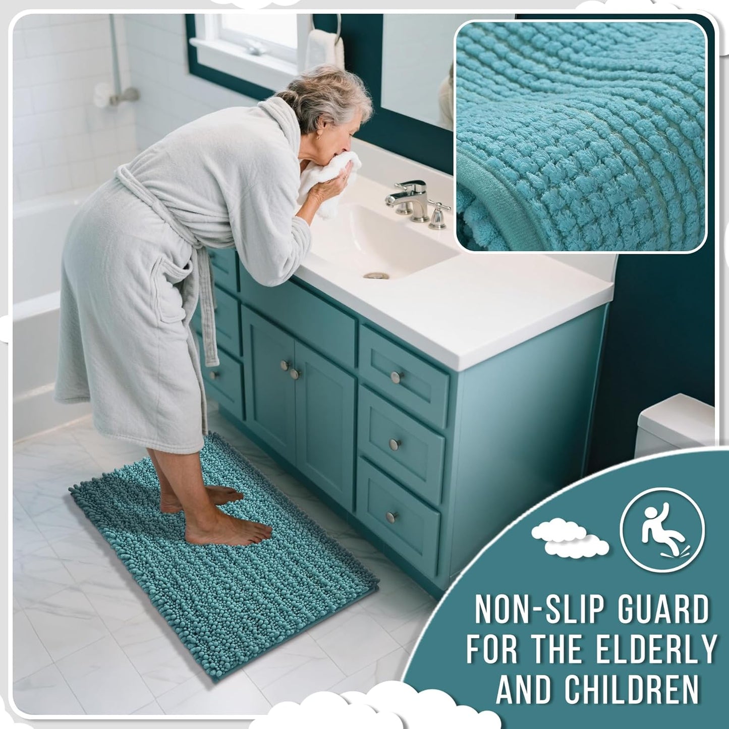 Yimobra Bathroom Runner Rug 55x24 Inch - Extra Long Non Slip Chenille Bath Mat, Soft & Absorbent, Machine Washable Shaggy Hallway Carpet for Vanity Tub Shower, Teal Blue Home Decor Accessories