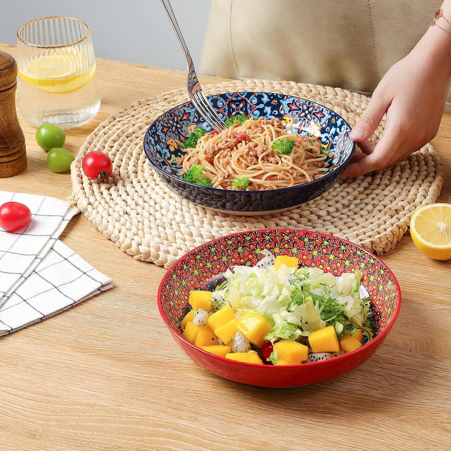 KitchenTour Pasta Bowls Set of 6-30 oz Large Wide & Shallow Serving Bowl, Colorful Ceramic Salad Bowls for Everyday Dining - 8.2 Inch, Microwave and Dishwasher Safe, Bohemian Style