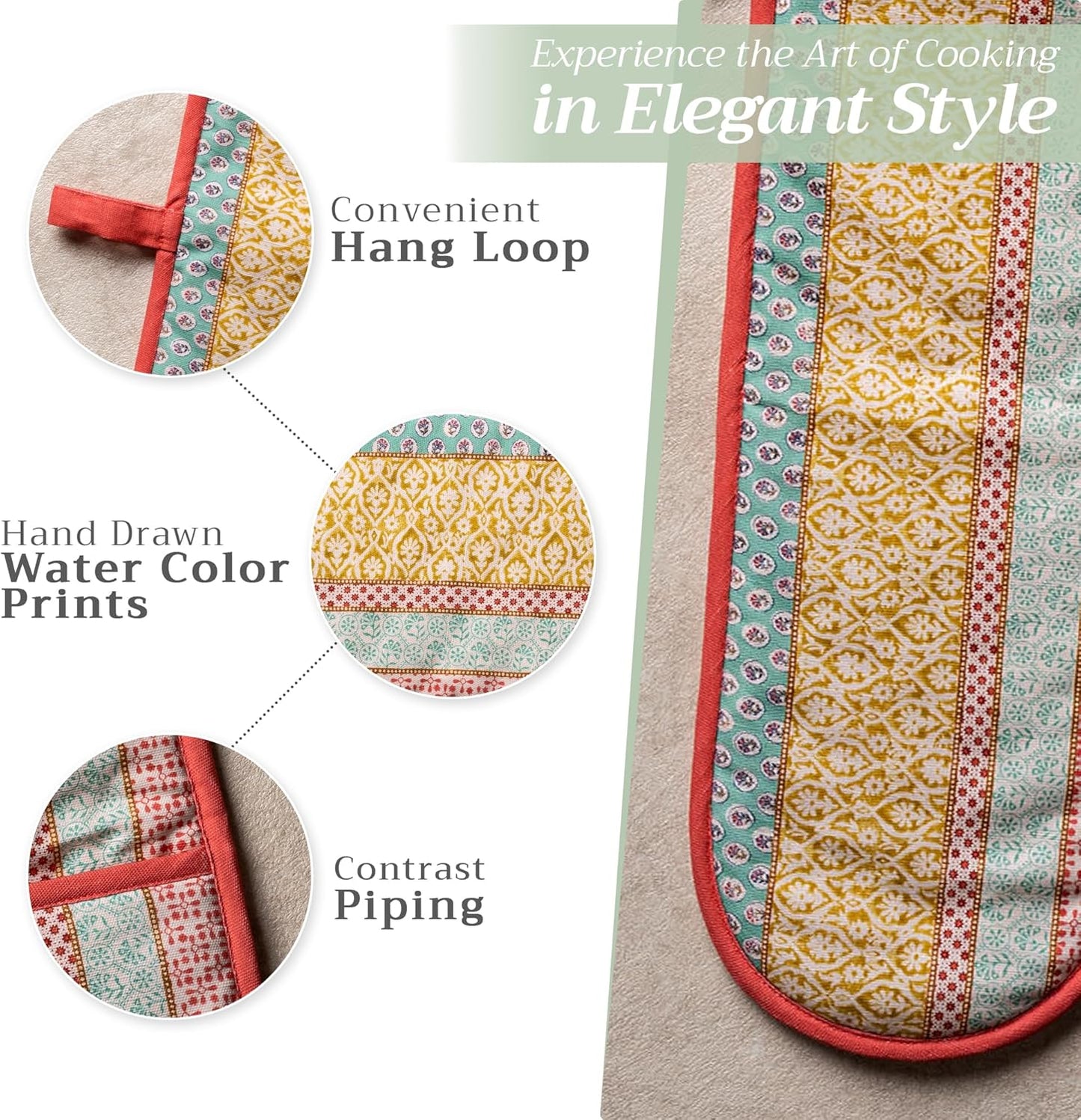 Maison d' Hermine Double Oven Mitts 100% Cotton 7"x35" Double Oven Mitt Heat Resistant BBQ Cooking Gloves with Loop, Baking, Grilling, Home, Kitchen, Handling Hot Pans Spring Summer (Provence)