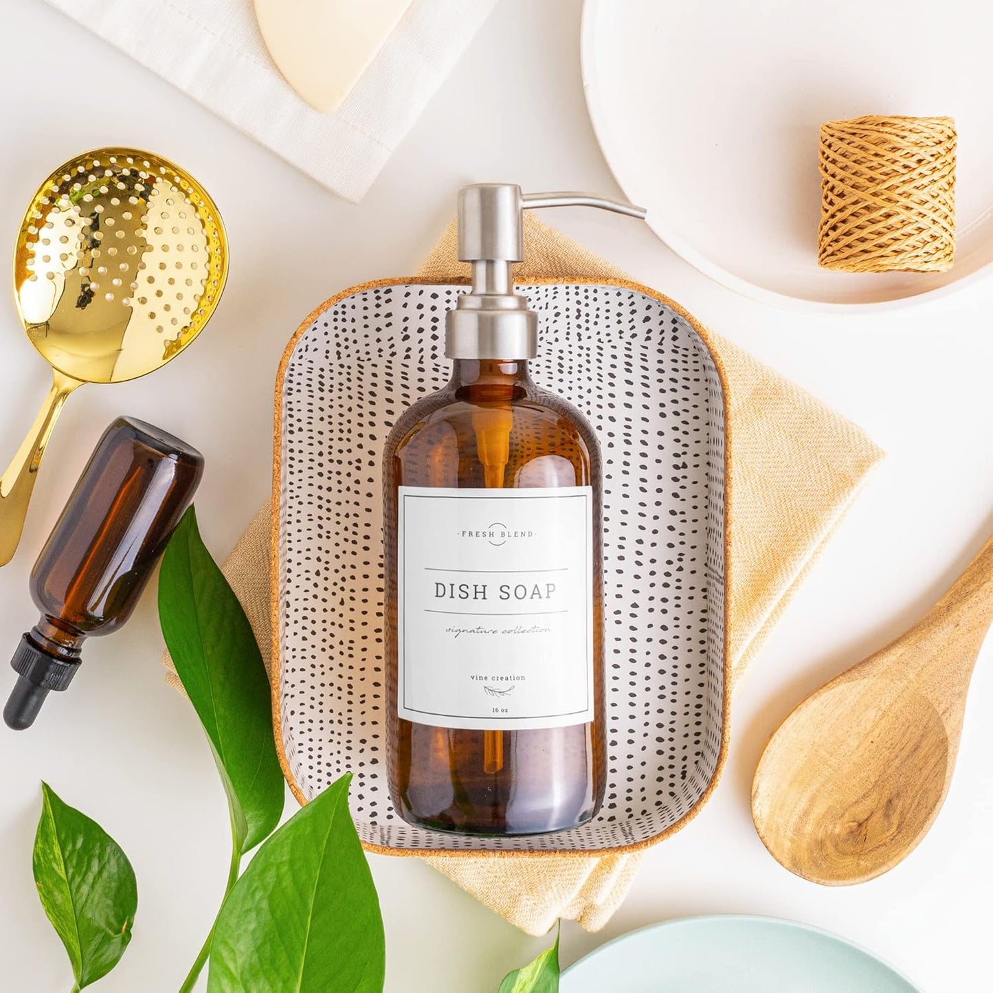 Vine Creations Amber Glass Soap Dispenser, 2 Pack Kitchen Soap Dispenser Set with Stainless Steel Pump, 16 oz Hand Soap or Dish Soap for Bathroom or Kitchen with Waterproof Labels