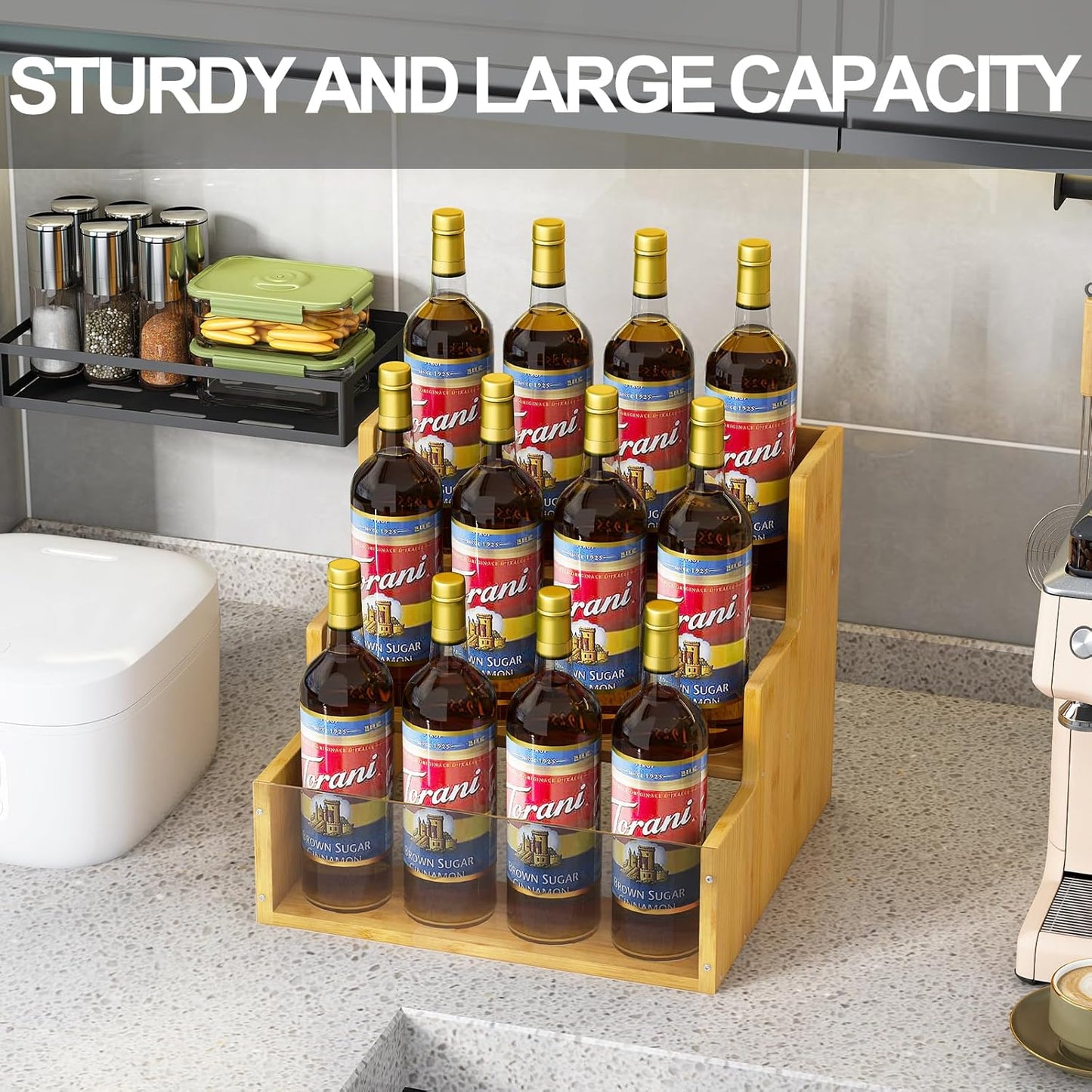 Liquor Bottle Display Shelf Bar Shelves - Bamboo 12 Bottle Syrup Rack for Coffee Bar, Wine Bottle, Spices, Liquor and Whiskey Bottle Display