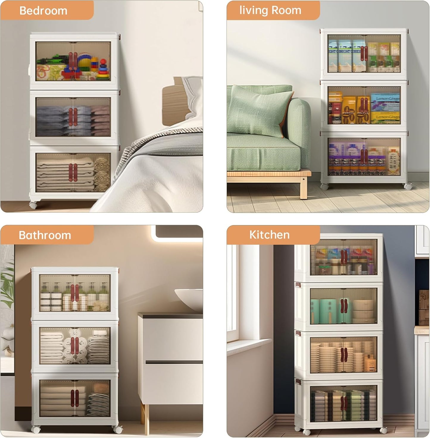 YUFER 3 Tier Box Plastic Stackable Folding Storage Bins with Lids and Doors,360/480 QT Open Front Storage Bins Organizers for Bedroom Clothes - 1 Box 120 QT White