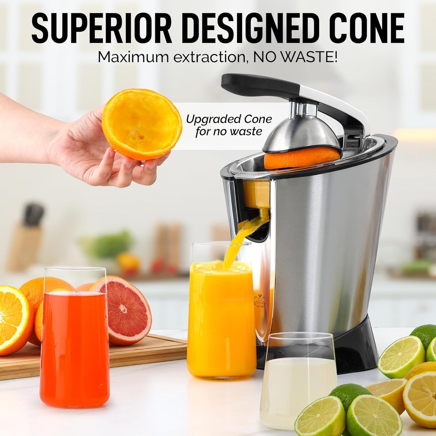 Zulay Electric Citrus Juicer - Makes Fresh Orange, Lemon, Grapefuit, Lime - Stainless Steel, 160W Quiet Powerful Motor, Interchangeable Cones - Filters Out Seeds & Pulp - Dishwasher-Safe Parts - Black