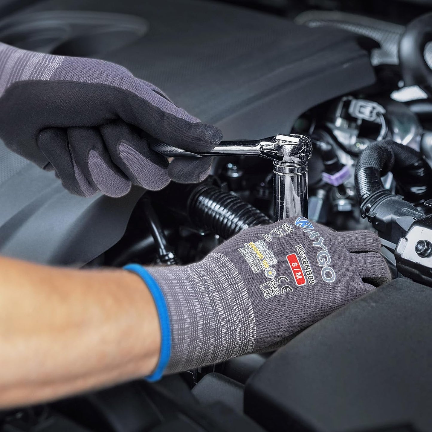 Safety Work Gloves MicroFoam Nitrile Coated-12 Pairs,KAYGO KG18NB,Seamless Knit Nylon Glove with Black Micro-Foam Nitrile Grip,Ideal for General Purpose,Automotive,Home Improvement,Red