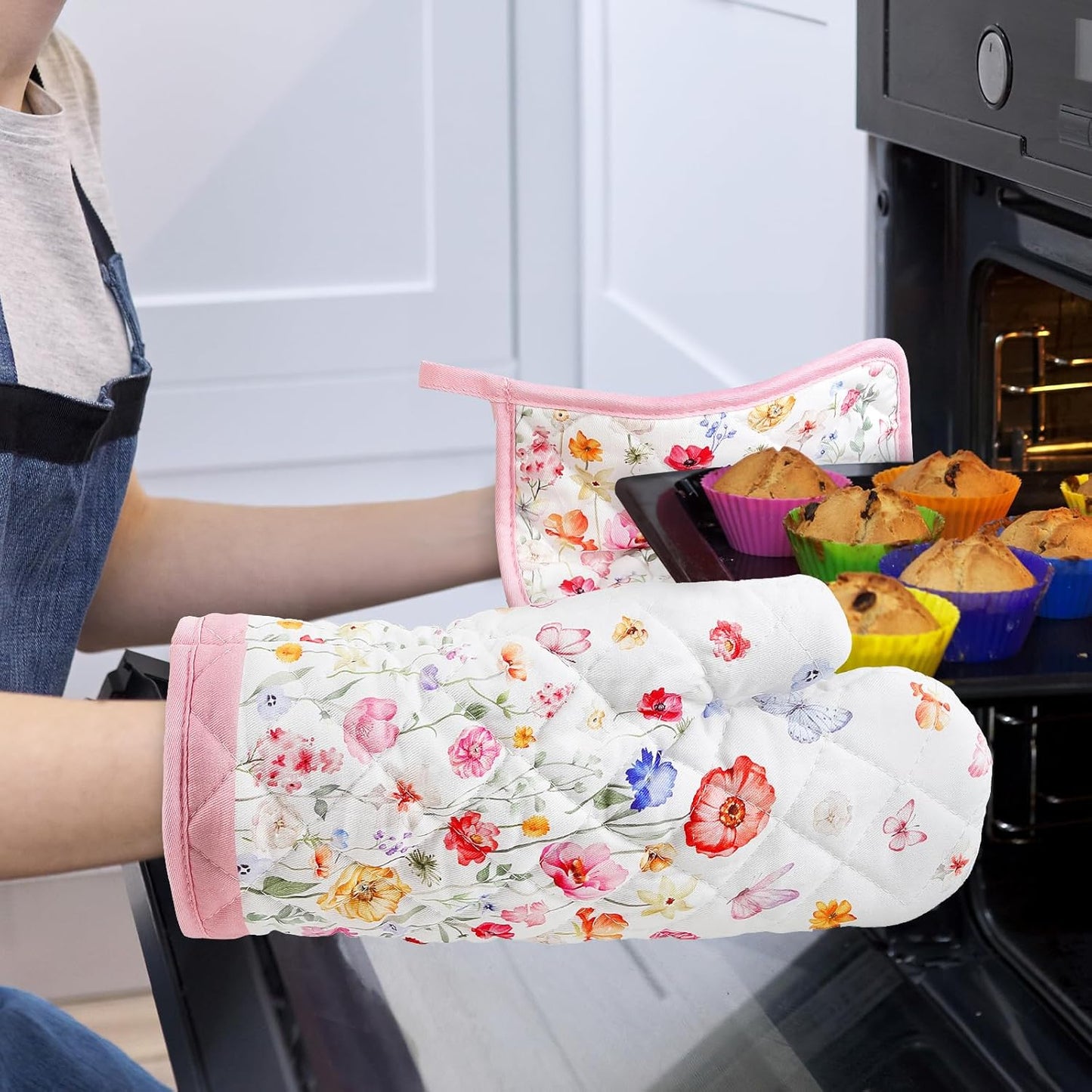 Wildflower Oven Mitts and Pot Holders Sets 4Pcs, 100% Cotton Heat Resistant, Extra Long Oven Gloves Potholder for Kitchen Cooking Baking Decoration