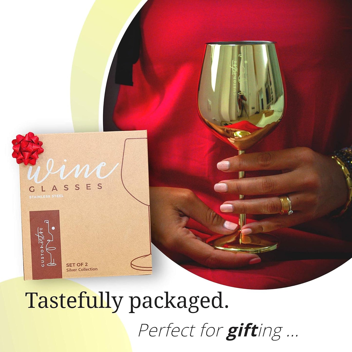 Gusto Nostro Stainless Steel Wine Glass - 18 oz Unbreakable Gold Wine Glasses for Travel, Camping and Pool - Fancy, Unique and Cute Portable Metal Wine Glass for Outdoor Events, Picnics (Set of 4)