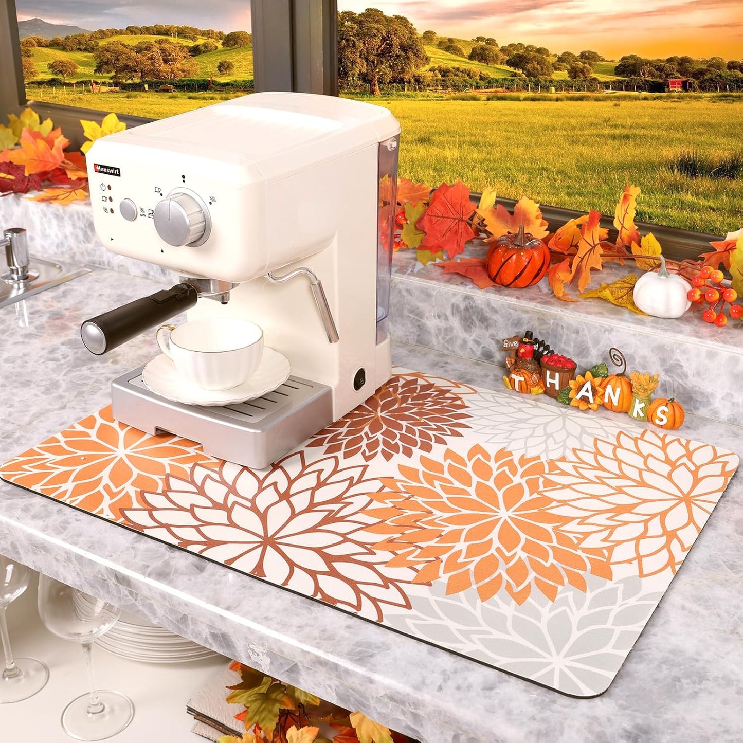 Findosom 2PCS 16" x 24" Dish Drying Mat & 24" x 5.5" Sink Splash Guard, Super Absorbent & Cuttable Dish Mat Drying Kitchen Mat with Orange Floral, Hide Stain Drying Mat for Kitchen Counter