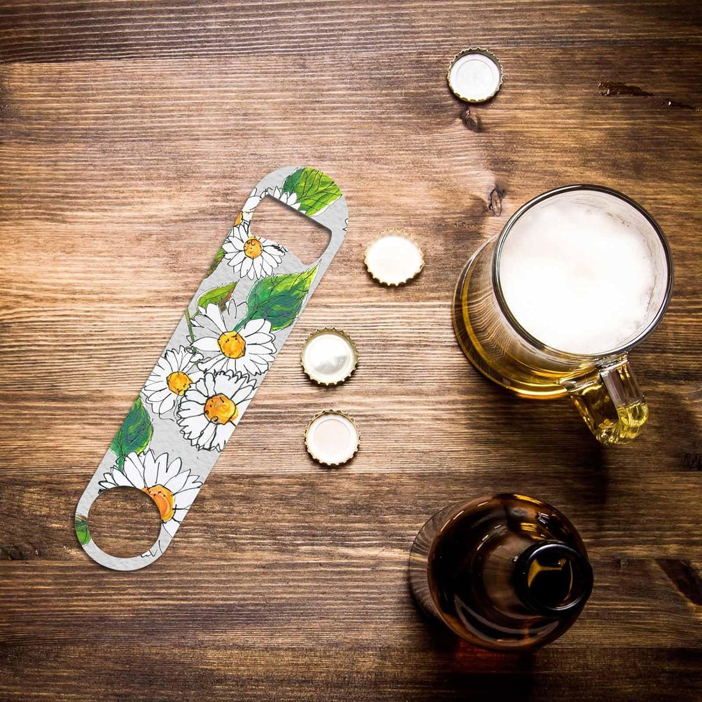 Daisy Flowers Stainless Steel Bottle Opener Watercolor Chamomile Floral with Green Leaf Bright Plant Flat Beer Bottle Opener Keychain for Home Kitchen Bar Restaurant Party Birthday Gift