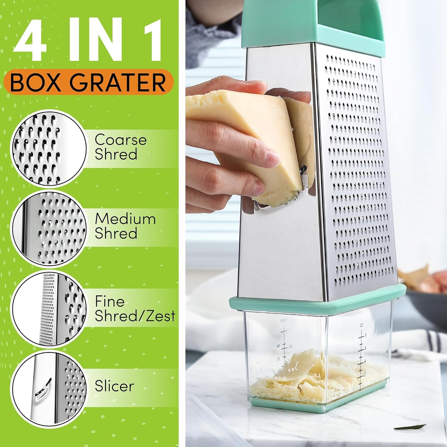 Spring Chef Professional 10" Parmesan Cheese Grater With Container, Stainless Steel & Soft Grip Handle, Handheld Kitchen Cheese Shredder, Box Grater with 4 Sides for Potato, Carrot, Veggie - Mint
