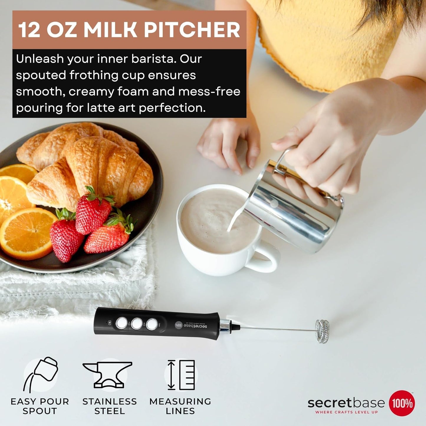 Secretbase 3 Speed Rechargeable Milk Frother and Cup Set, Cordless USB Charging Cradle - Handheld Milk Frother, Double-thickness Whisk, Tiny Egg Beater, Mini Electric Coffee Stirrer(Black)