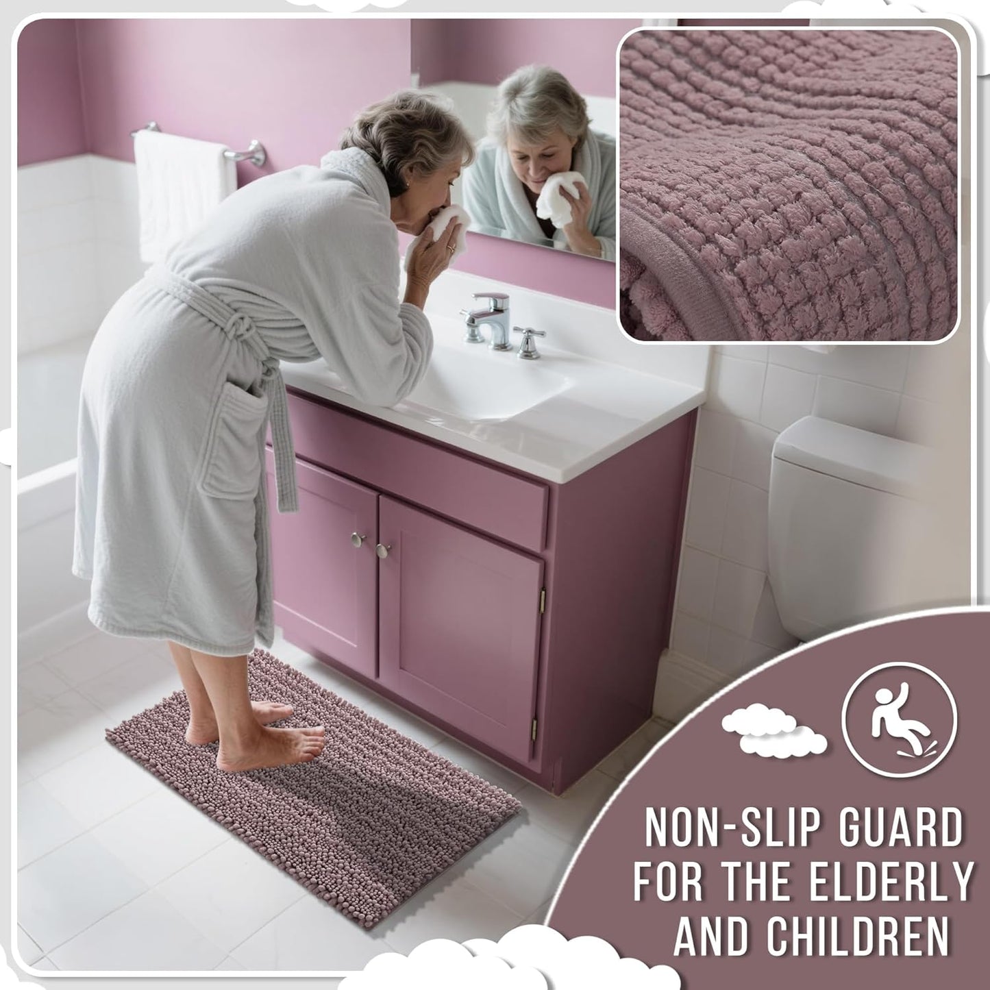 Yimobra Long Bathroom Rugs Non Slip Washable 44x24 Inch - Ultra Soft Absorbent Chenille Bath Mat, Quick Dry Shaggy Floor Carpet for Tub Shower, Mauve Home Decor Accessories