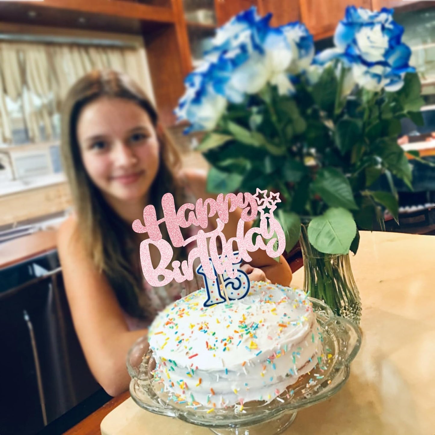 Ephlyn 1Pcs Happy Birthday Cake Topper Glitter Happy Birthday Cake Pick Decorations for Celebrating Happy Birthday Anniversary Theme Party Cake Decorations Supplies Pink Light Pink