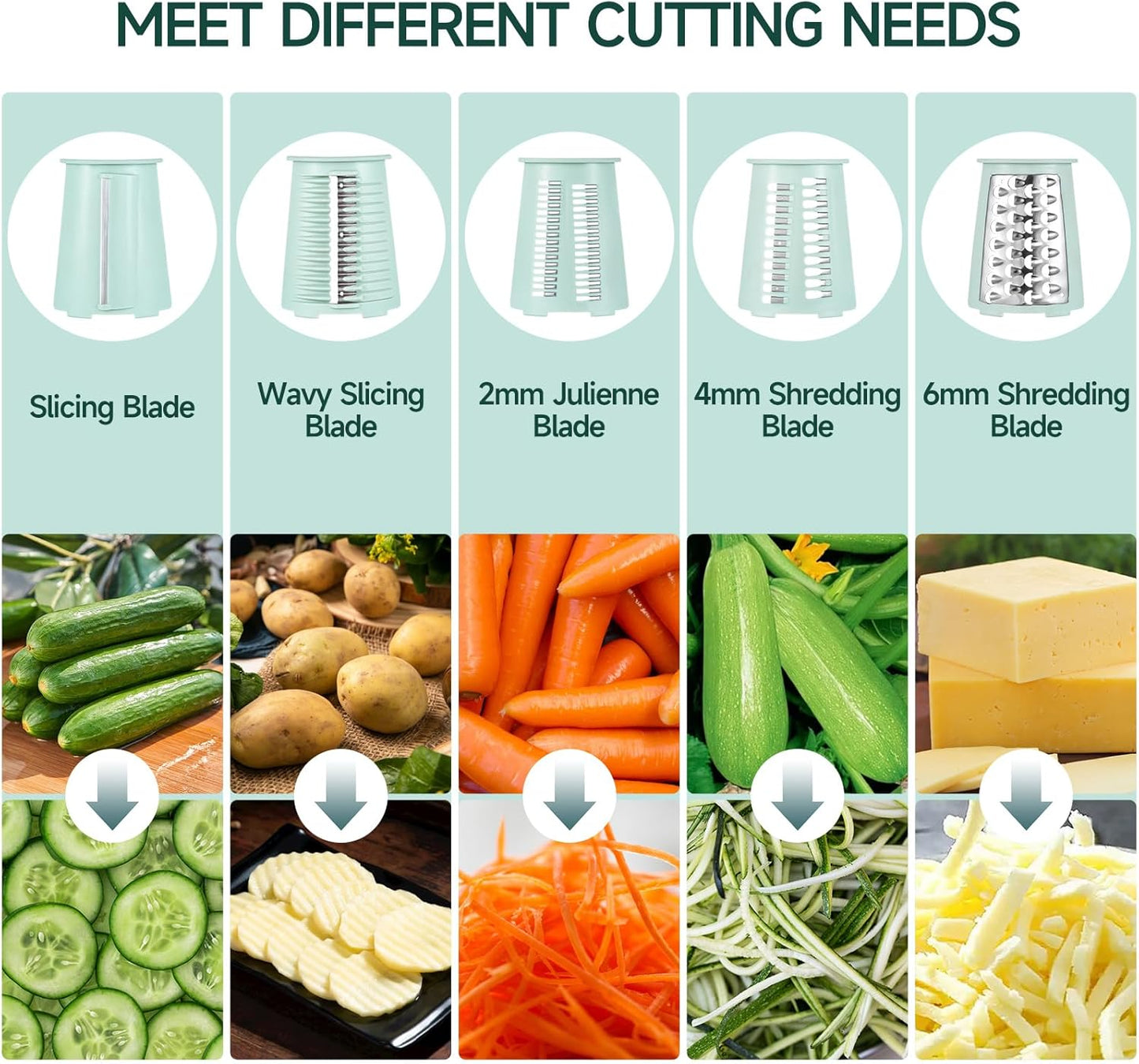 Rotary Cheese Grater, Vegetable Shredder 5 in 1 Cheese Grater with Handle edder Reinforced Suction,Easy to Clean,Kitchen Chopper for Crushed Ice,Fruits and Nuts with Blade Storage Case(Green)