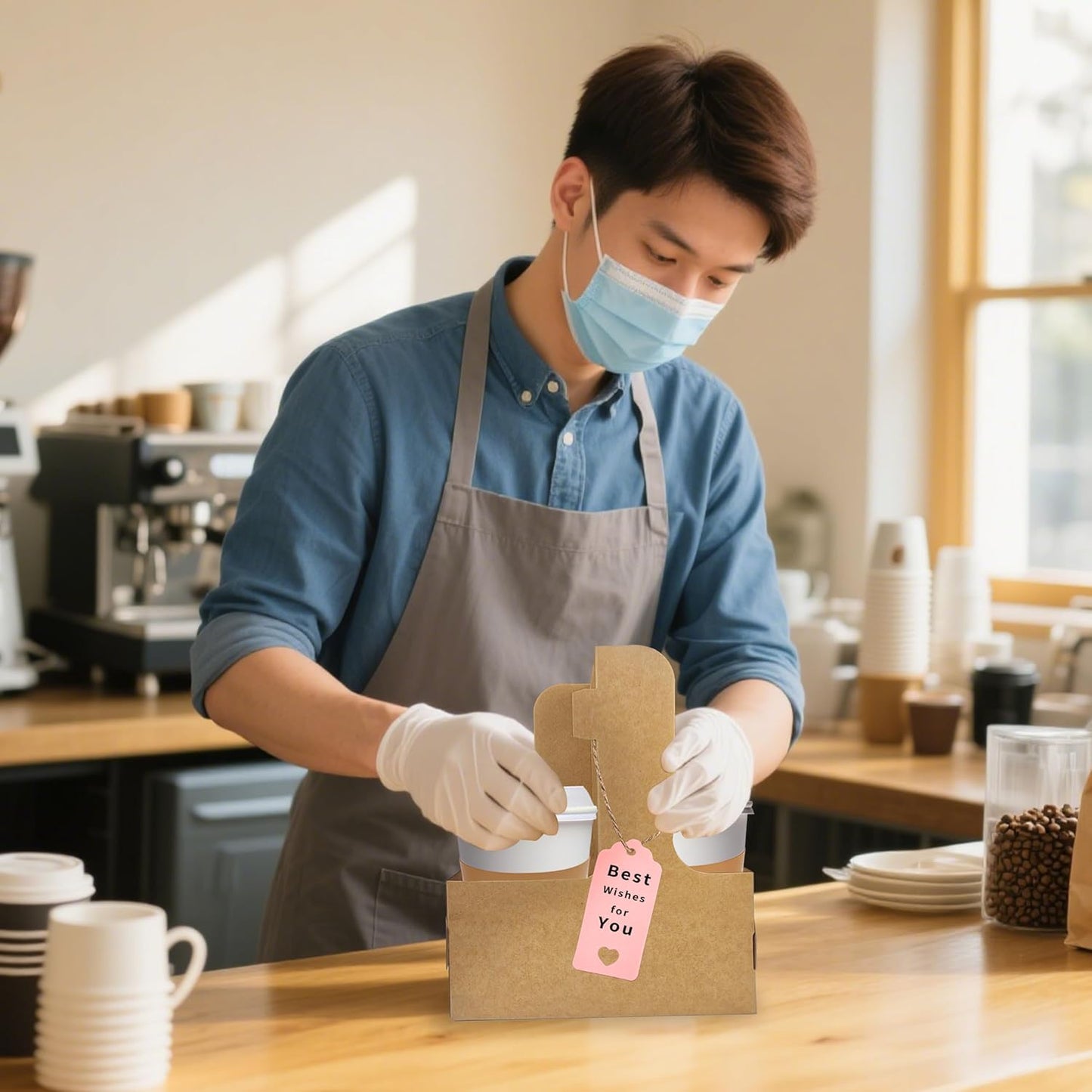 2 Cup Drink Carrier,32 Pack Coffee Cup Holders with Handle,Cardboard Cup Holders for Hot or Cold Drinks,Coffee Carrier with Ribbon and Card,Food Delivery Services and Bouquet(Pink)