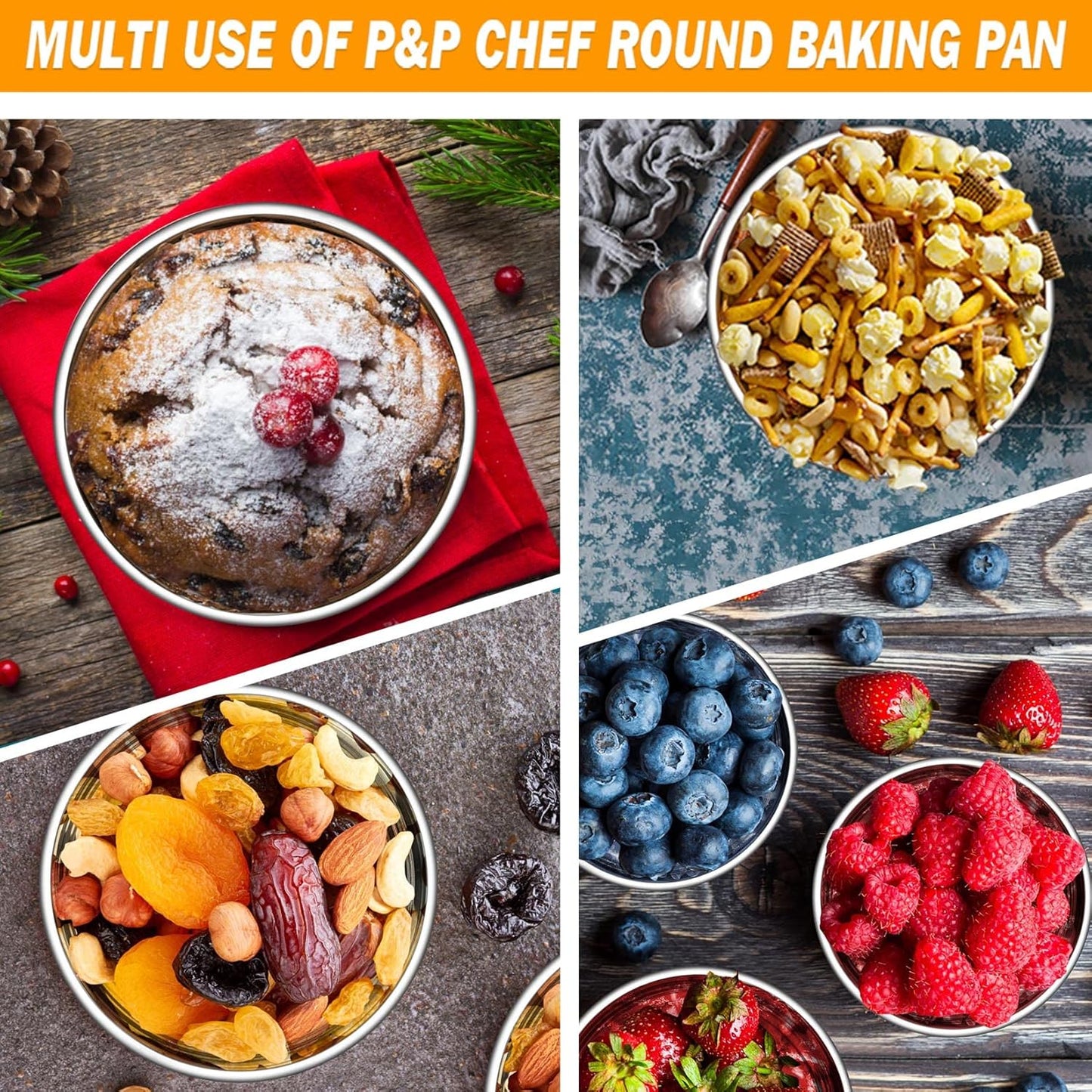 P&P CHEF 4 Inch Round Cake Pan Set of 3, Stainless Steel Round Baking Layer Pans Bakeware for Layer Birthday Cake, Fit Oven/Pots/Pressure Cooker, Leakproof & Dishwasher Safe, Silver