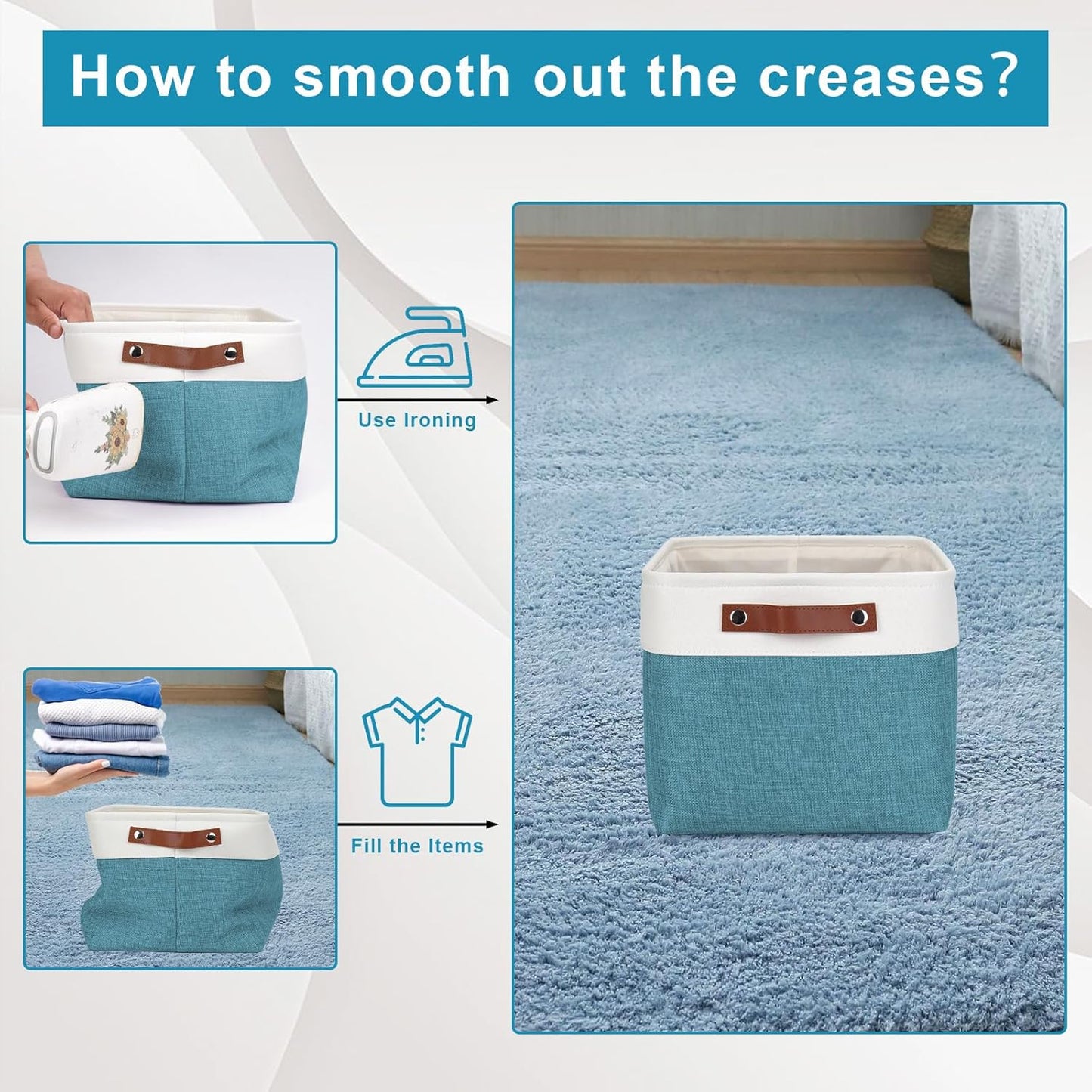 Storage Bins Large Fabric Storage Baskets for Shelves 3 Pack, Decorative Linen Closet Baskets with Handles for Organizing, Shelf, Clothes, Home, Office, 15x11x9.5Inches (Teal&White)