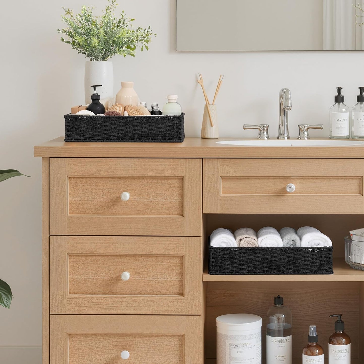 StorageWorks Bathroom Vanity Tray for Countertop, Bathroom Counter Tray for Decorative, Toilet Paper Baskets, Black, Larger, 2 Pack