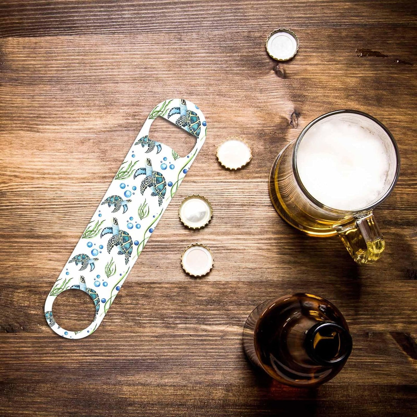 Watercolor Turtles Stainless Steel Bottle Opener Swimming Green Seaweed Blisters Freedom Leisure Ocean Animals Flat Beer Bottle Opener Keychain for Home Kitchen Bar Restaurant Party Gift