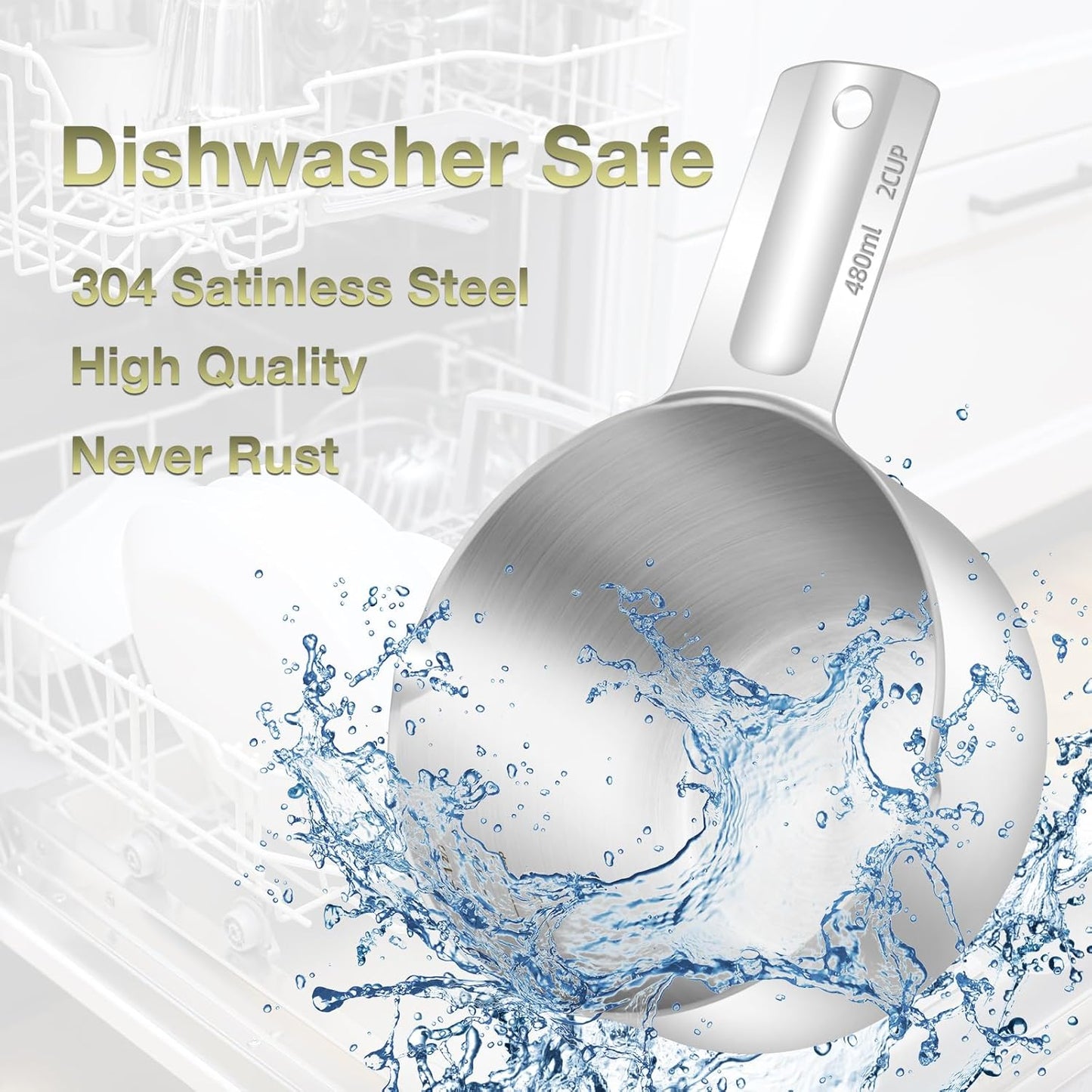 2PCS Stainless Steel Measuring Cup Set, Includes 2Cup(480ml, 16oz) and 1Cup (240ml, 8oz), Etched Inner Scale Measure Scoop, Metric and US Measurement, Dishwasher Safe