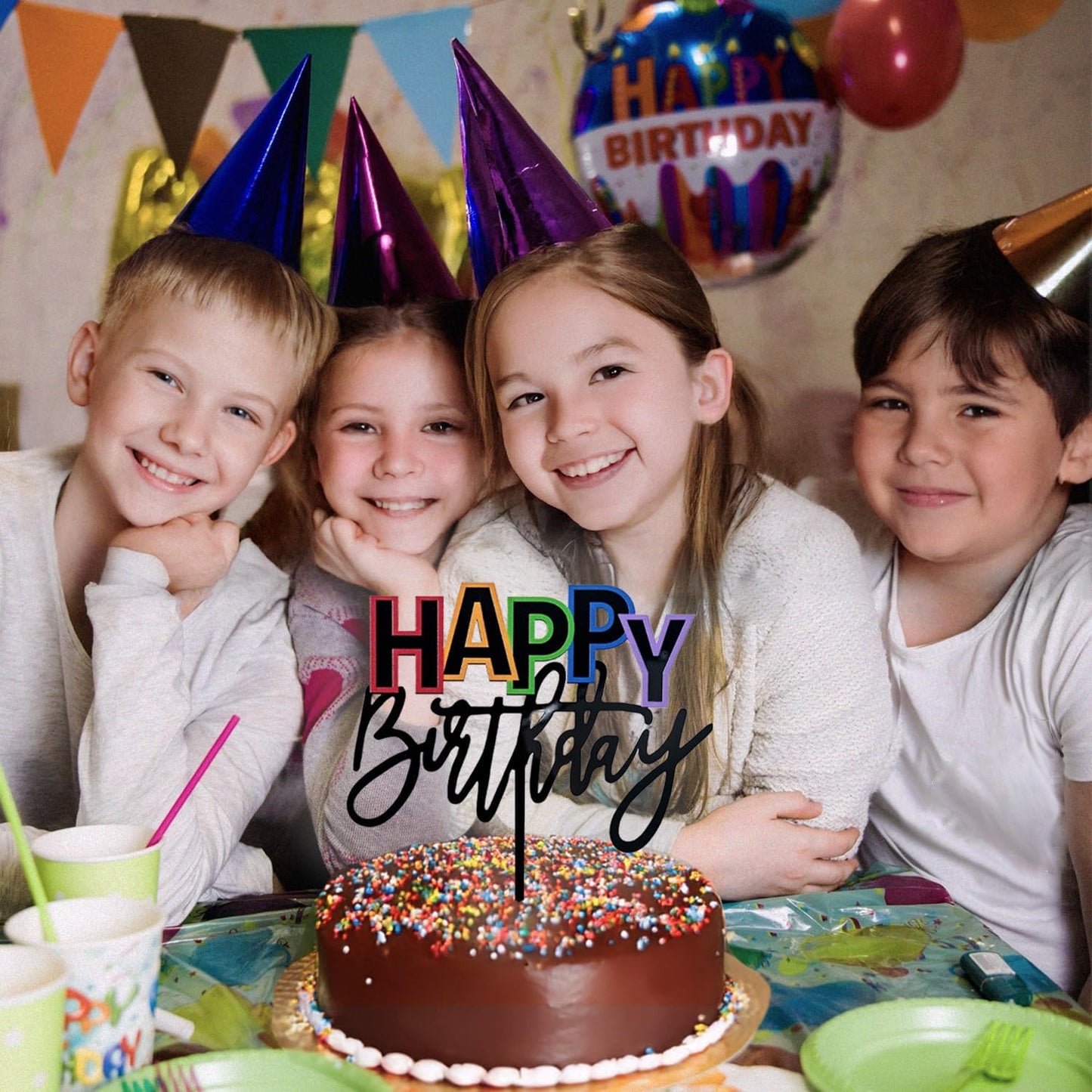 Acrylic Black Happy Birthday Cake Topper, 7.5" x 6" Rainbow Birthday Cake Decoration (Black)