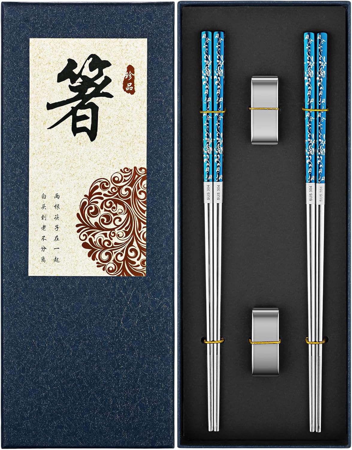 Metal Chopsticks Reusable 2 Pairs Titanium Plated Stainless Steel Chopsticks with Holder, Dishwasher Safe Non-Slip Japanese Style Chop Sticks Present Set (Blue Silver)