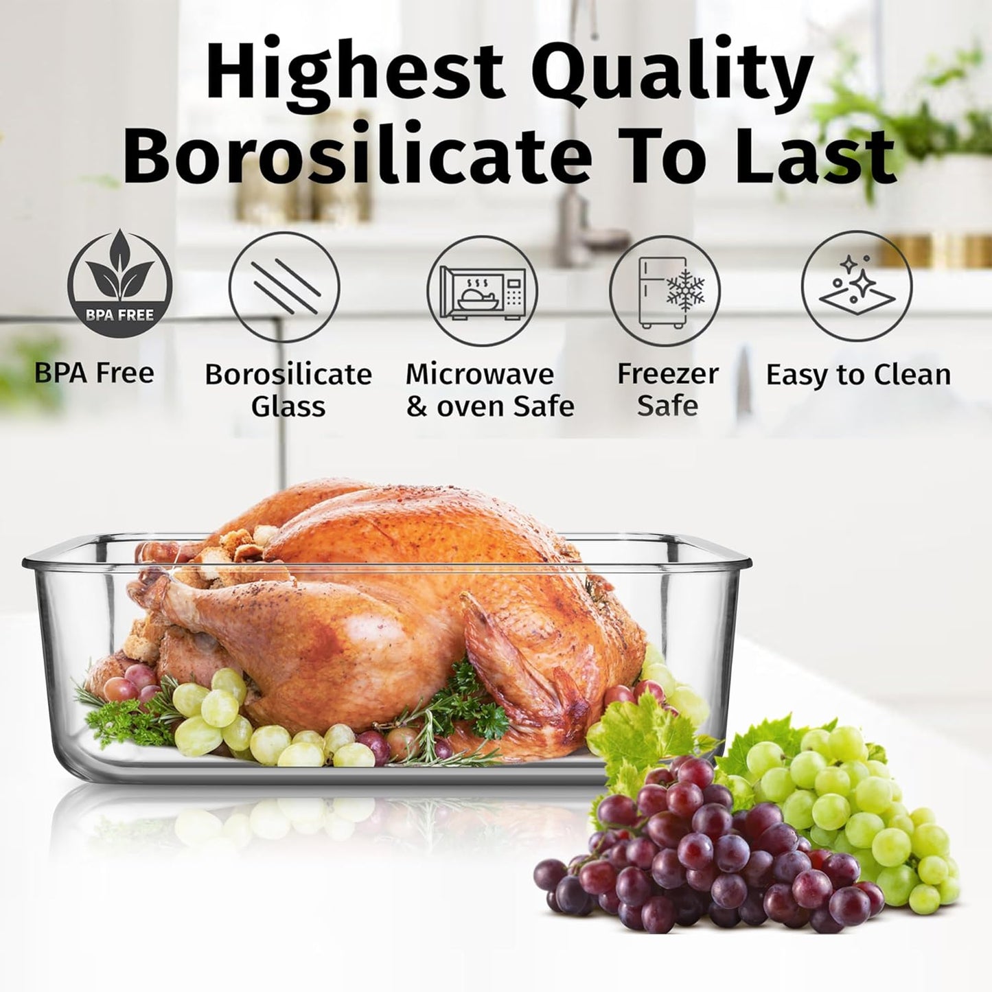 4800 ML / 163 oz / 21 Cup LARGE Glass Food Storage Container with Airtight Locking Lid. Ideal Storing food, Vegetables, Fruits. Baking Casserole, Lasagna, Roasting Turkey, Chicken BPA Free Oven Safe