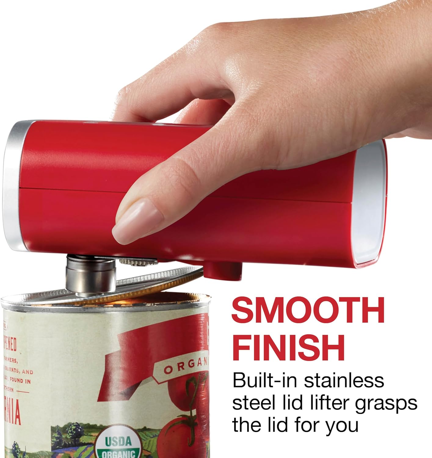 Proctor Silex Automatic Electric Can Opener, Hands Free Cordless Operation & USB Rechargeable, Self-Aligning, Cut Smooth Touch Lid Edges, Compact and Easy to Store, Red