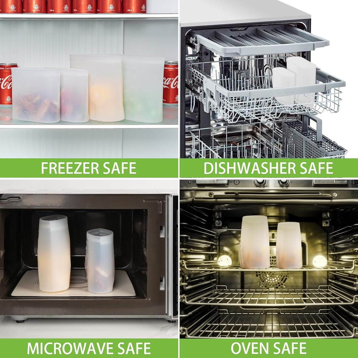 Reusable Sandwich & Snack Bags, 8 Pack 100% Silicone Stand Up Zip Lock Food Storage Bags for Food Container, Freezer Microwave Oven Dishwasher Safe, 4 Small 4 Extra Small, Translucent