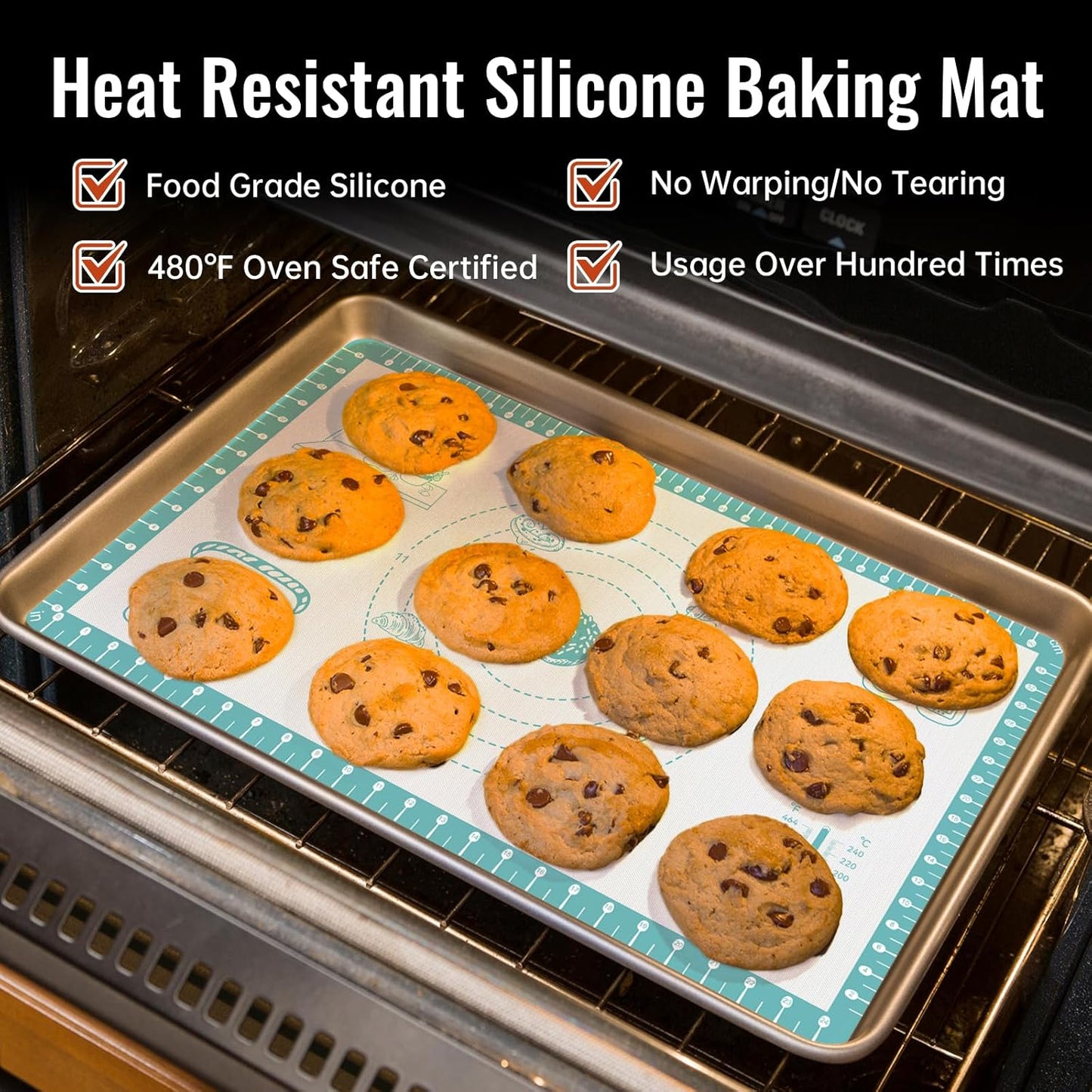 Silicone Baking Mat with 10 Useful Recipes, Non Stick Pastry Mat for Dough Rolling, Macaron Baking Sheet for Cookie, Pizza, Bread, Fondant Mat, Silicone Sheet for Dough Rolling out