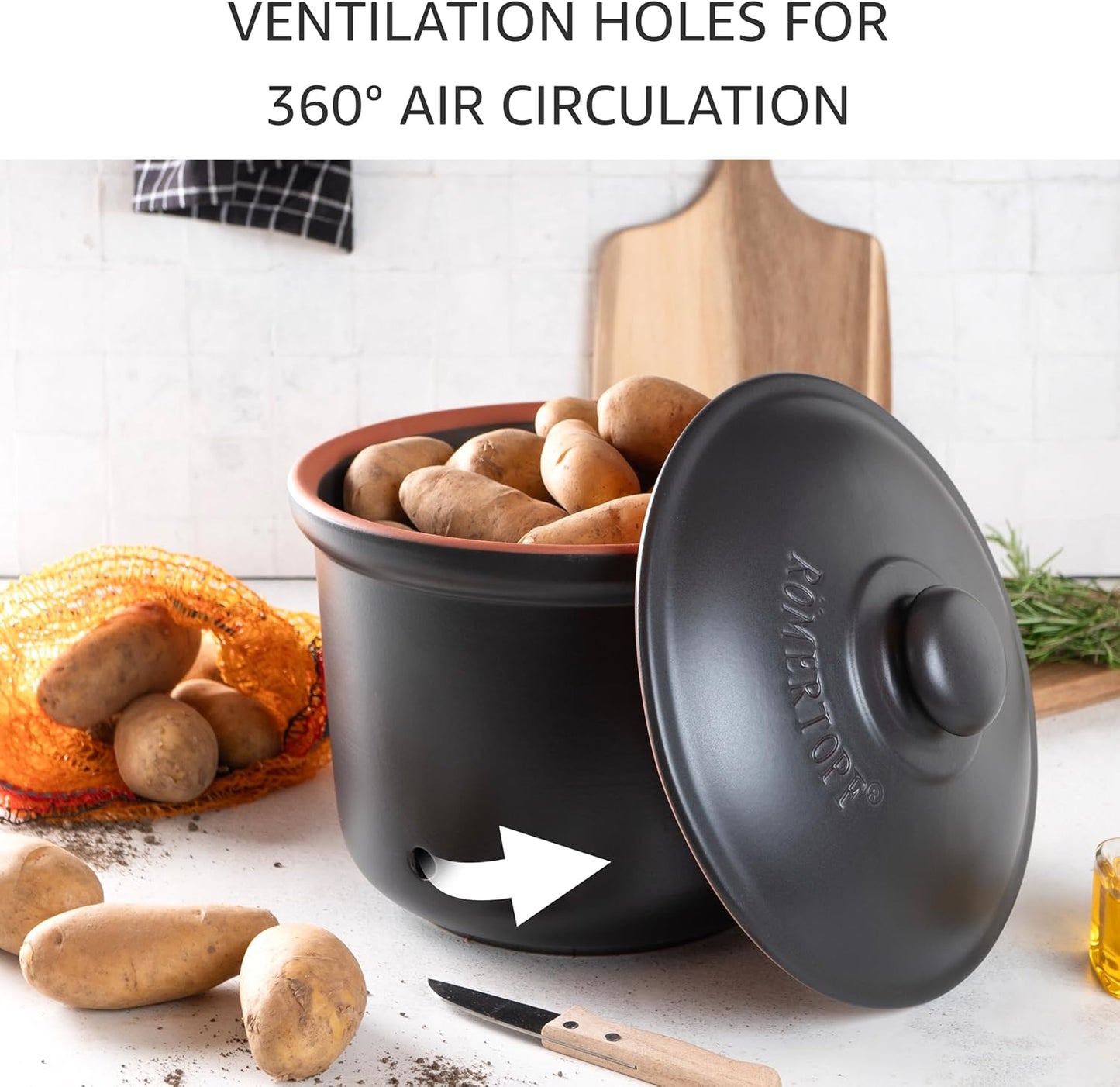 Romertopf Freshness Storage Potato Onion Garlic Clay Pot Set of 3 with Lids - Black