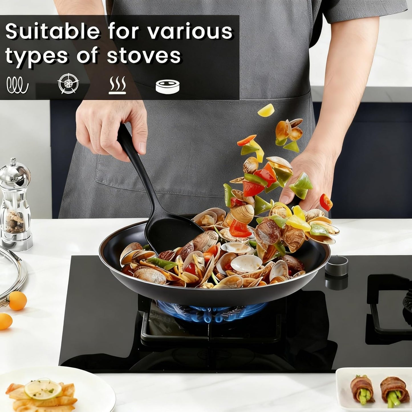 Nonstick Frying Pans Set of 3 - Carbon Steel Frying Pan with PFOA-Free Coating, Stay-Cool Handle, Oven & Dishwasher Safe, Include 2 Spatulas & 7.9, 10.2, 11.8 Inch Skillets for All Stovetops