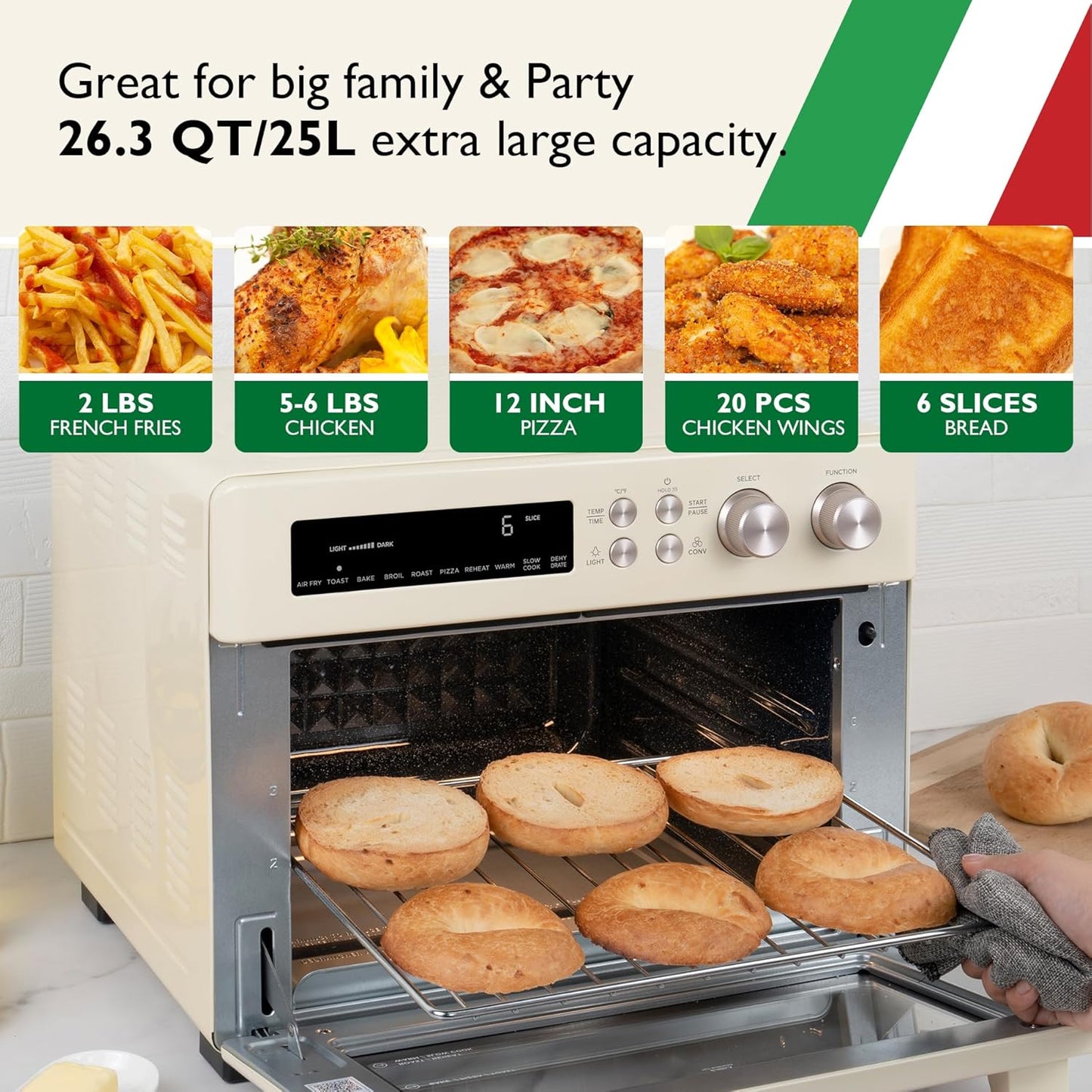 Air Fryer Toaster Oven Combo 10-in-1 Countertop Oven with Graphene Heating and True Convection, Non-Toxic Enamel Interior, Bake 12" Pizza, 6 Slices Toast, with Enamel Baking Pan Easy Clean