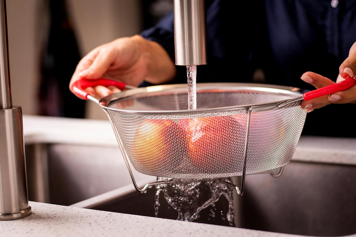 Hercules Chef by Mundial Stainless Steel Colander Strainer with Red Silicone Handles - 9.8"