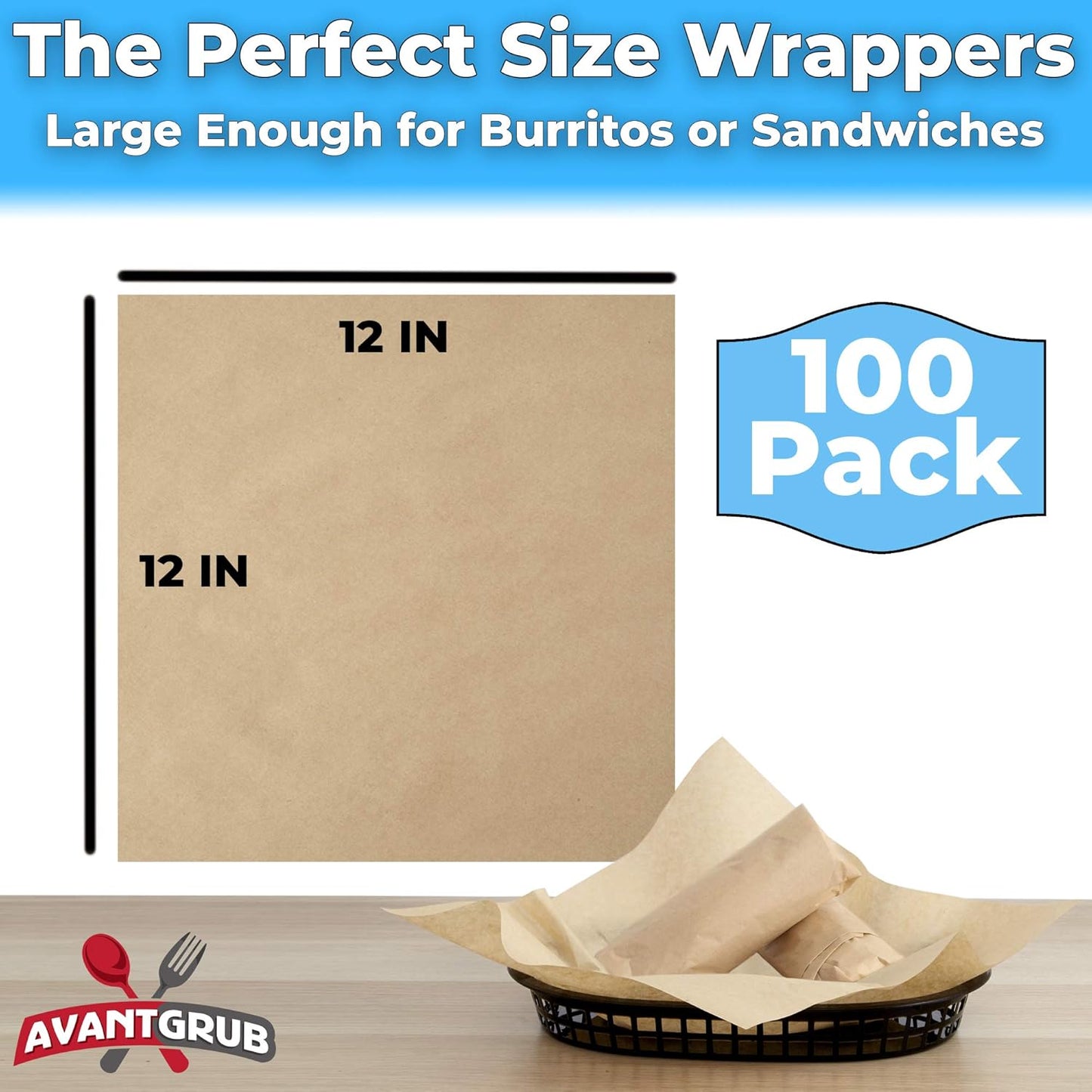 Eco Friendly, Grease Proof 12" x 12" Deli Wrap 100 Pk. Best Kraft Food Wrapping Paper Sheets for Picnic, Festival, Fair or BBQ. Perfect Liner for Tray, Basket or Boat. Quality Bulk Restaurant Supply