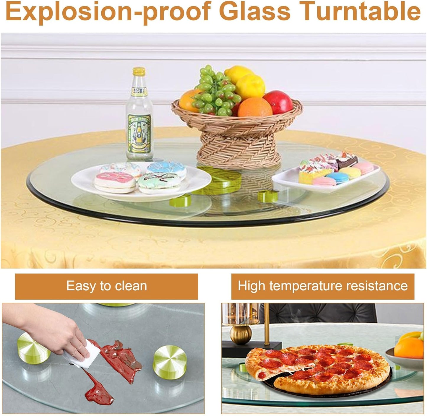 24" Tempered Glass Lazy Susan Turntable, 360° Silent-Spin Round Clear Tabletop Rotating Tray, Centerpiece for Dining Tables, Smooth Rotation, for Banquets, Weddings & Family Gatherings