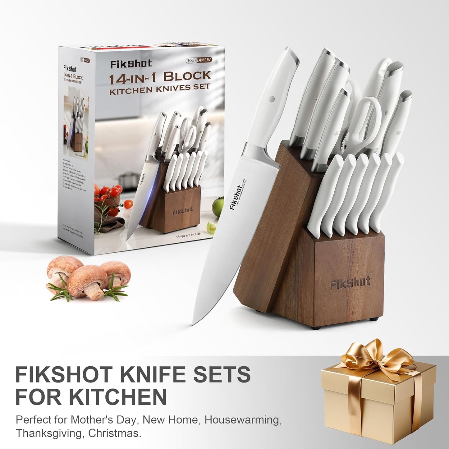 Knives Set for Kitchen, FIKSHOT 14PCS Kitchen Knife Set with Block, High Carbon Stainless Steel Full Tang Knife Sets Razor-Sharp Blade Professional Chef's Knife for Housewarming (WHITE)