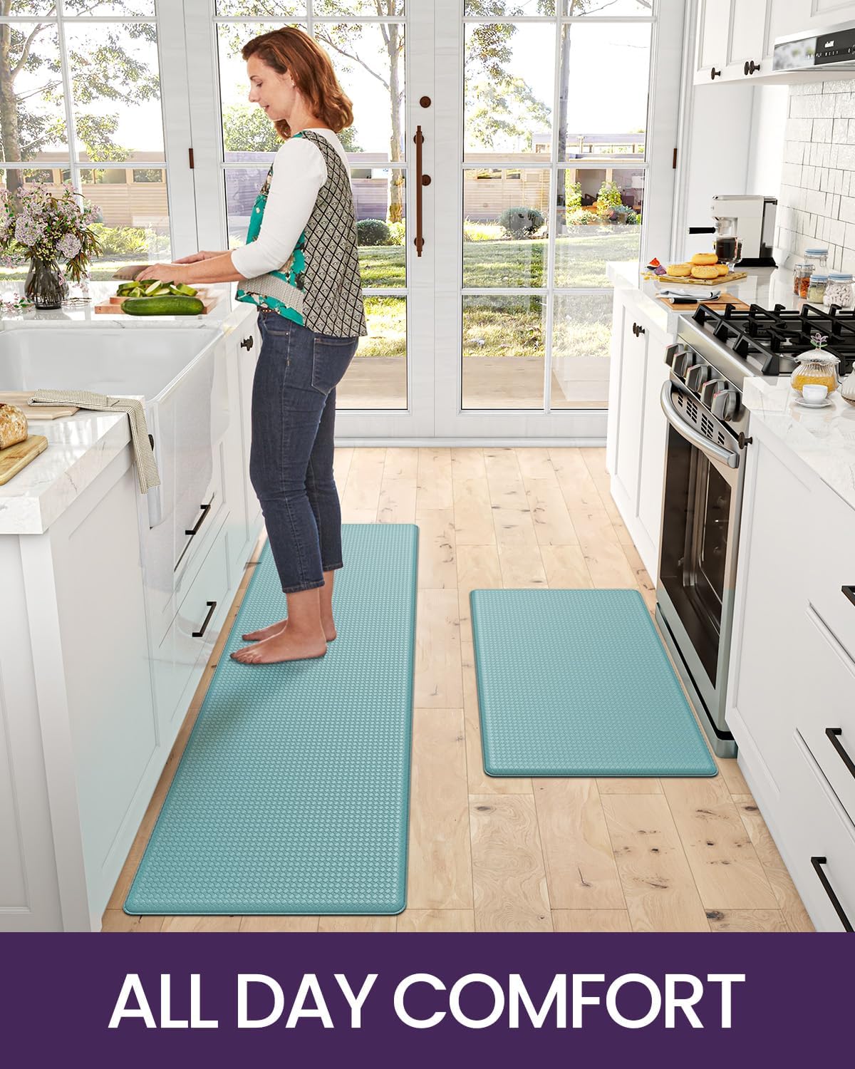 DEXI Kitchen Floor Mats Cushioned Anti Fatigue,17x29+17x59, Standing Runner Rug Waterproof, Comfort Memory Foam Padded for Front Sink Laundry Set of 2, Turquoise