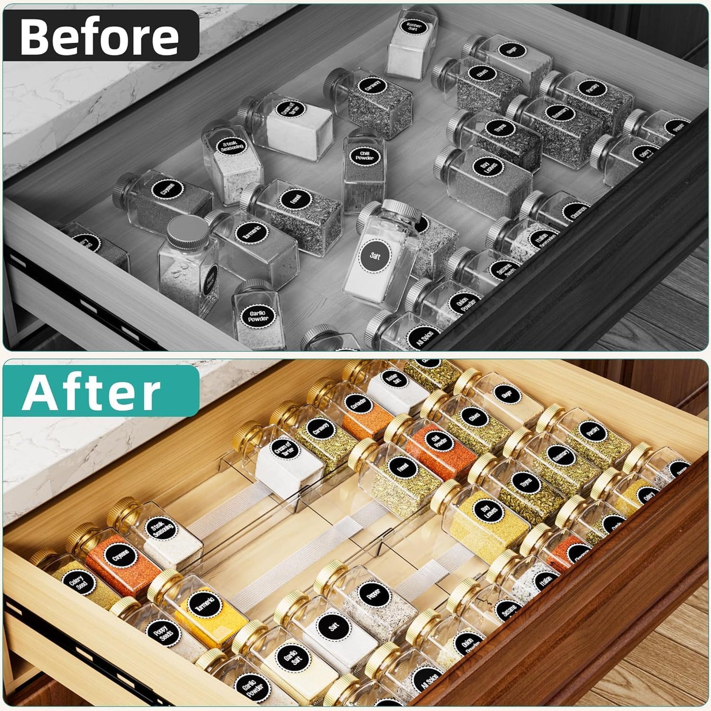 MIUKAA Acrylic Spice Drawer Organizer, 2 Tier - 4 Pack Seasoning Organizer for Drawer, Expandable From 13" to 26" Kitchen Drawer Spice Rack with Slip-Proof Mat (Jars not Included)
