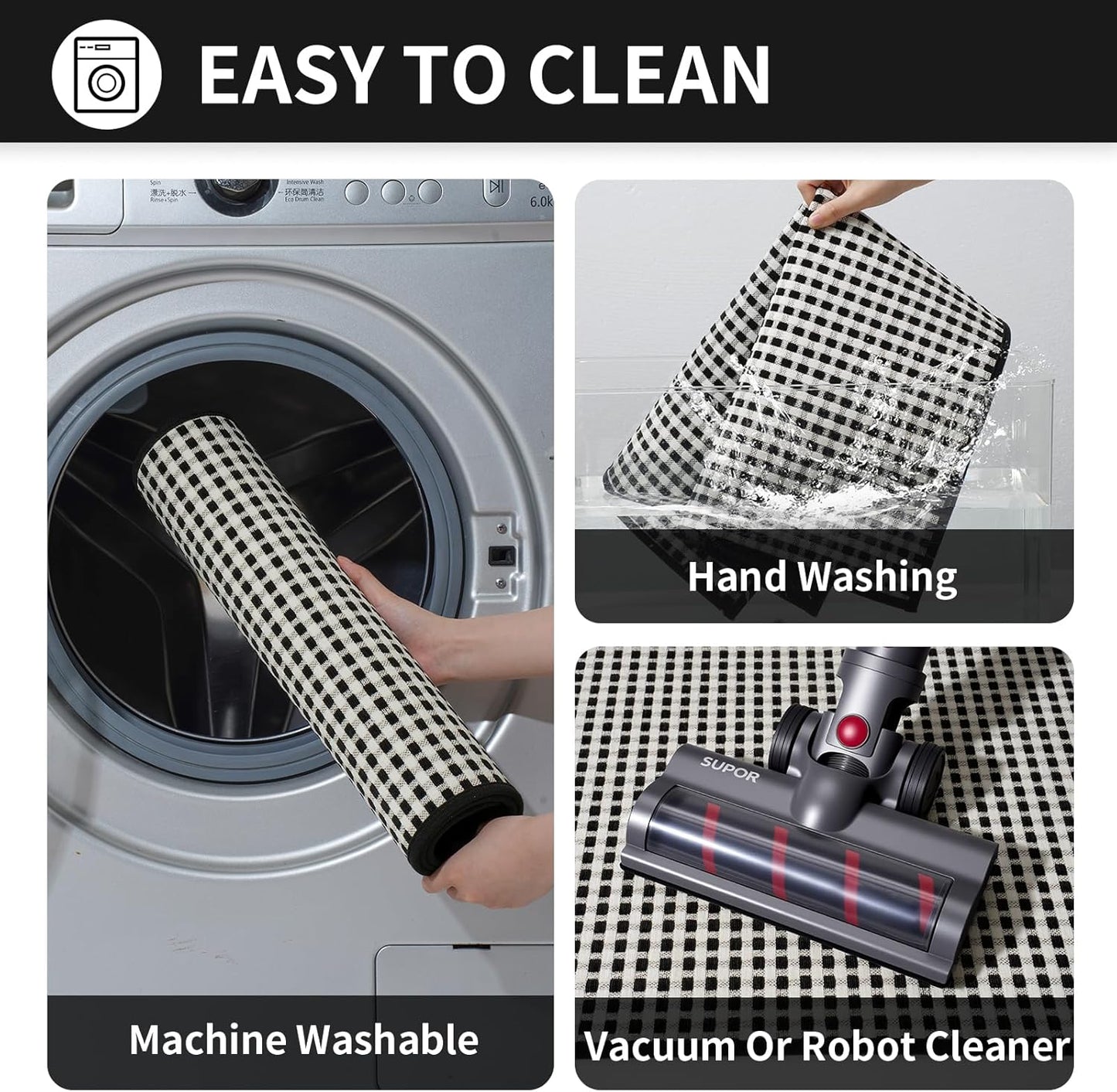 Large Kitchen Runner Rugs Long Kitchen Mat Non Slip Washable, Super Absorbent Soft Chenille Braided Kitchen Mats for Floor, Rubber Backing Kitchen Sink Standing Mat, Easy Clean, Black 36"x71"