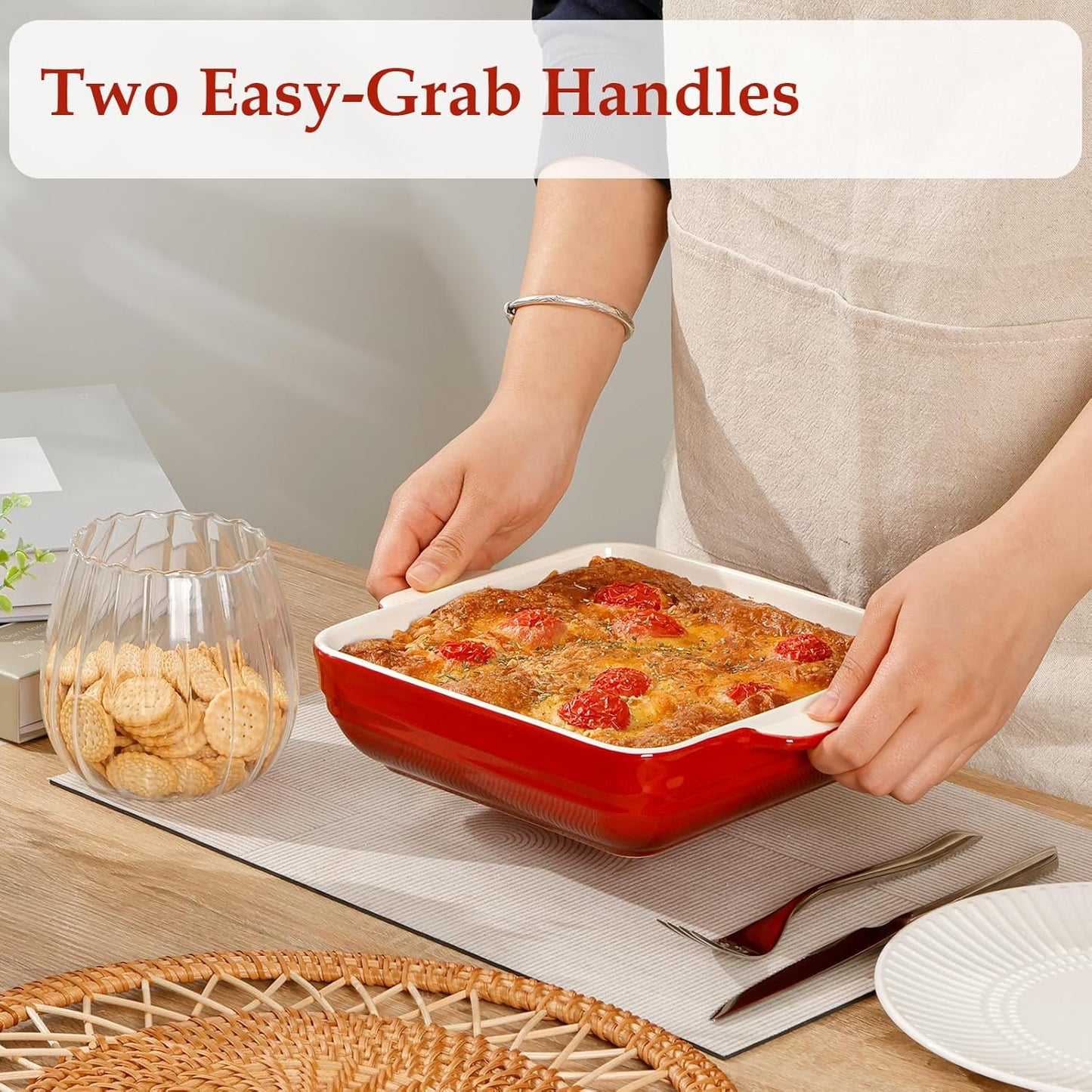 NUTRIUPS 8x8x2.4 inch Square Baking Dish, 50 Oz /1.6 Qt Ceramic Baking Pan with Handles, Casserole Dish for Oven, Porcelain Bakeware (Gradient Red)