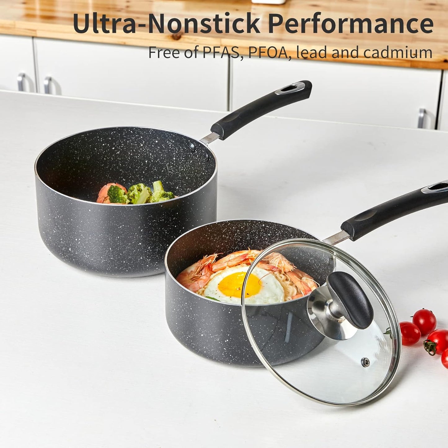Nonstick Saucepan Set with Lid, Non Stick 2Qt & 3Qt Sauce Pan Set with Glass Lid Small Pot for Home Kitchen