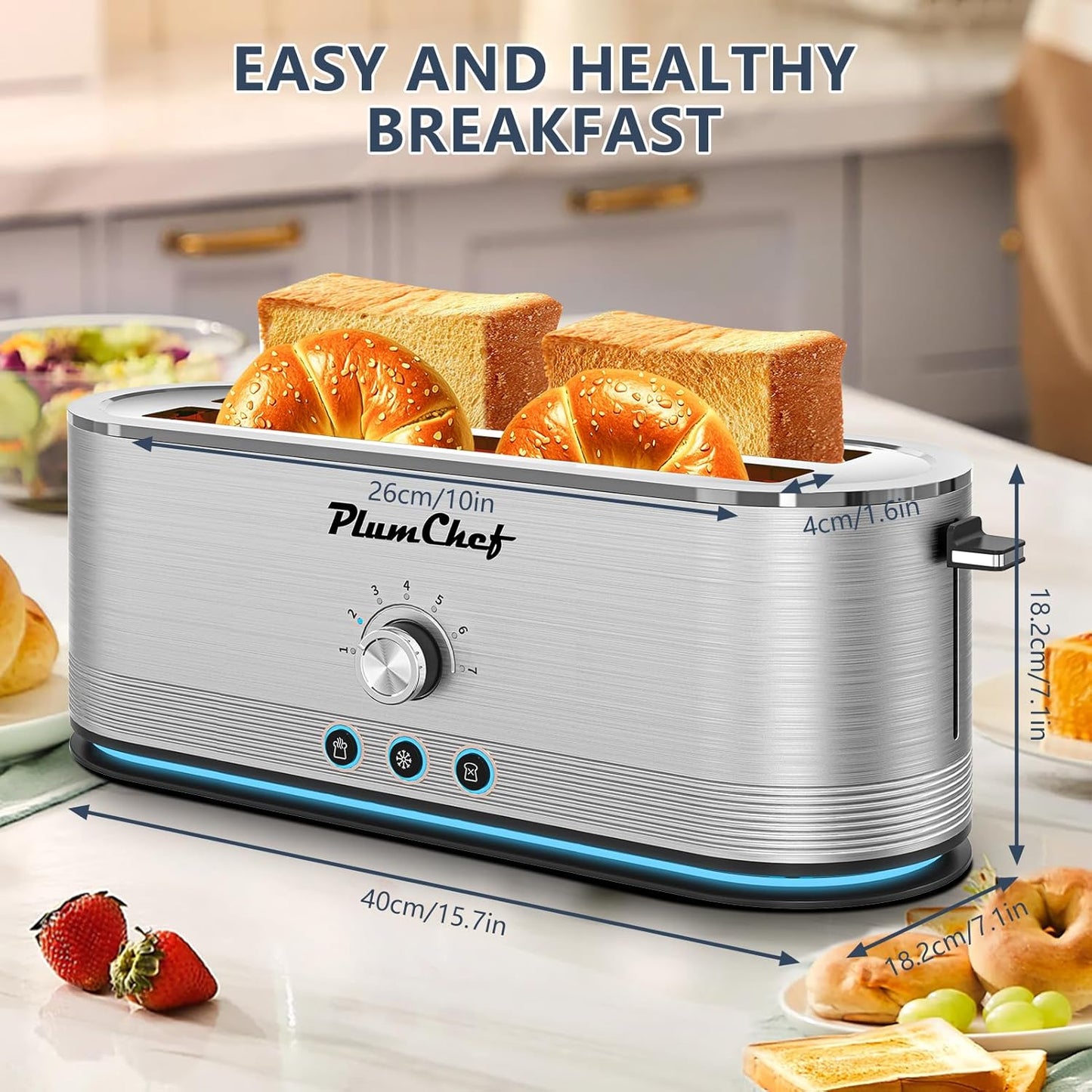 4-Slice long Slot Toaster, 7 Browning Settings, Defrost/Reheat Functions, Removable Crumb Tray, Full body Stainless Steel Housing, 1350W, Anti-Fingerprint & Anti-Jam (2, Sliver)