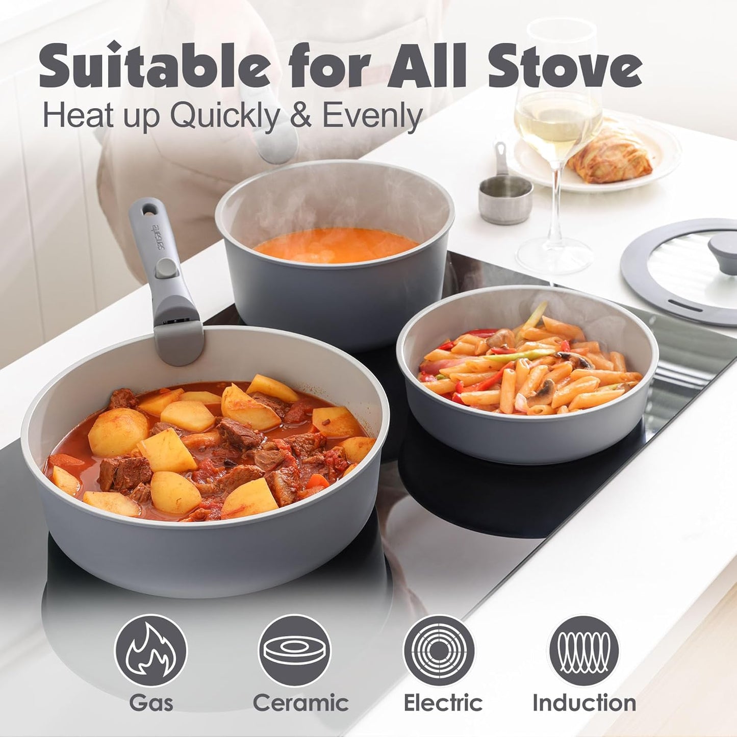 SENSARTE 17 Piece Ceramic Pots and Pans Set, Nonstick Detachable Handle Cookware, Induction Kitchen Cookware Set with Removable Handle, Dishwasher & Oven Safe (Gray)