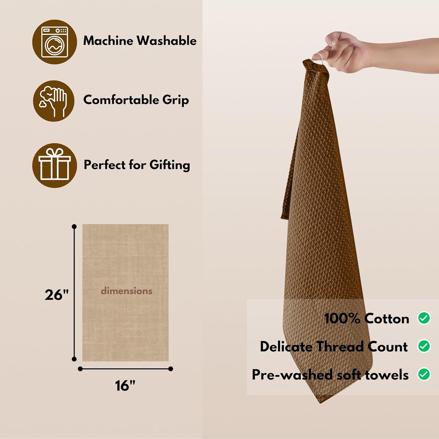 Native Fab Cotton Kitchen Towel with Hanging Loop 16x26 inches, 6-Pack, Waffle Weave Kitchen Towels for Cleaning Drying, Washcloths Soft & Absorbent Cloth Rags, Bar Towel, Dish Cloth, Brown