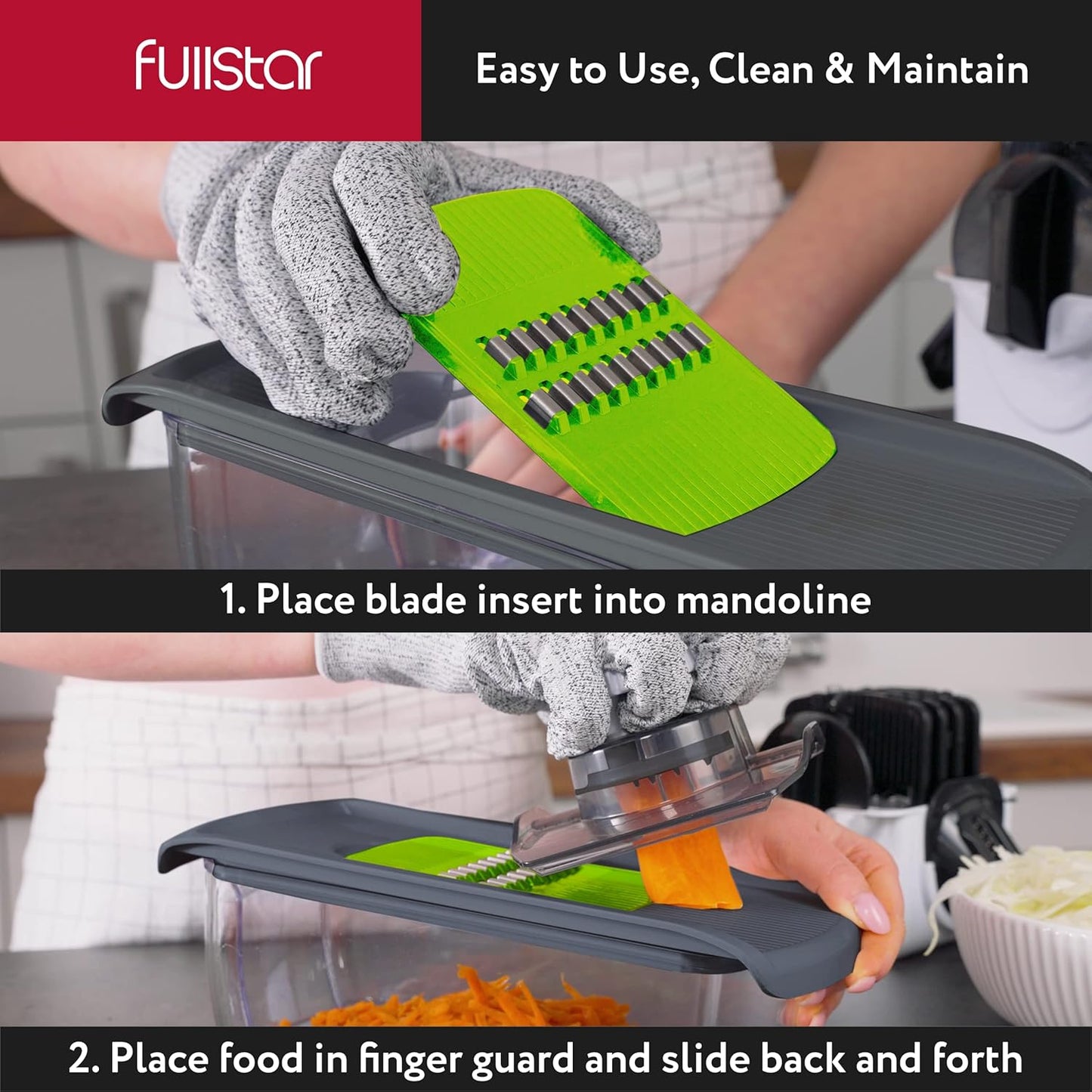 Fullstar Mandoline Slicer for Kitchen, Fruit Cutter, Cheese Grater, Cucumber Slicer, Veggie Spiralizer, Food Cutter & Kitchen Gadgets with Safety Glove (6 in 1, Gray/Green)