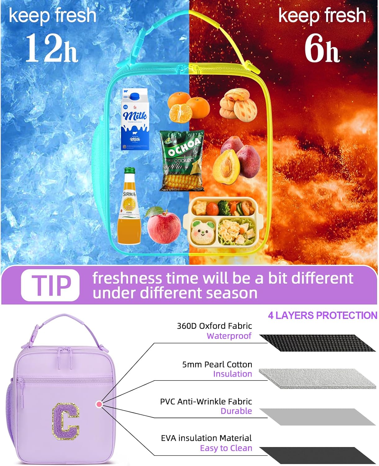 Initial Insulated Lunch Bag for Girls Kids, Back to School Gift, Reusable Leak-proof Lunch Box with Adjustable Strap for School Daycare Travel Picnic (Purple,C)