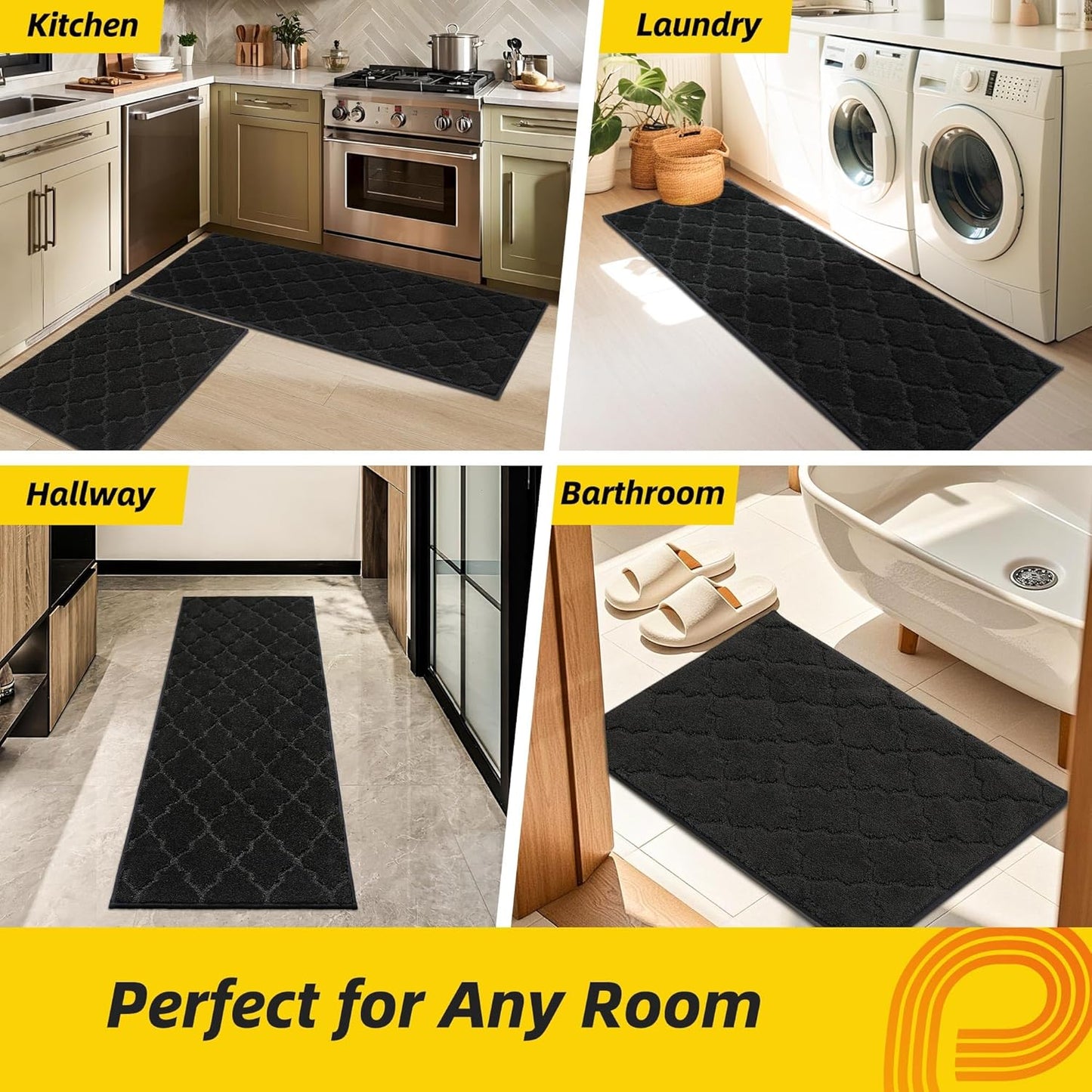 JSEI Kitchen Rugs, Non-Slip Kitchen Mats for Floor, Soft Washable Absorbent Kitchen Mats 2 Pieces, Kitchen Carpet Runner with TPR Backing, Polyester, 24”x36”+24”x60”, Black