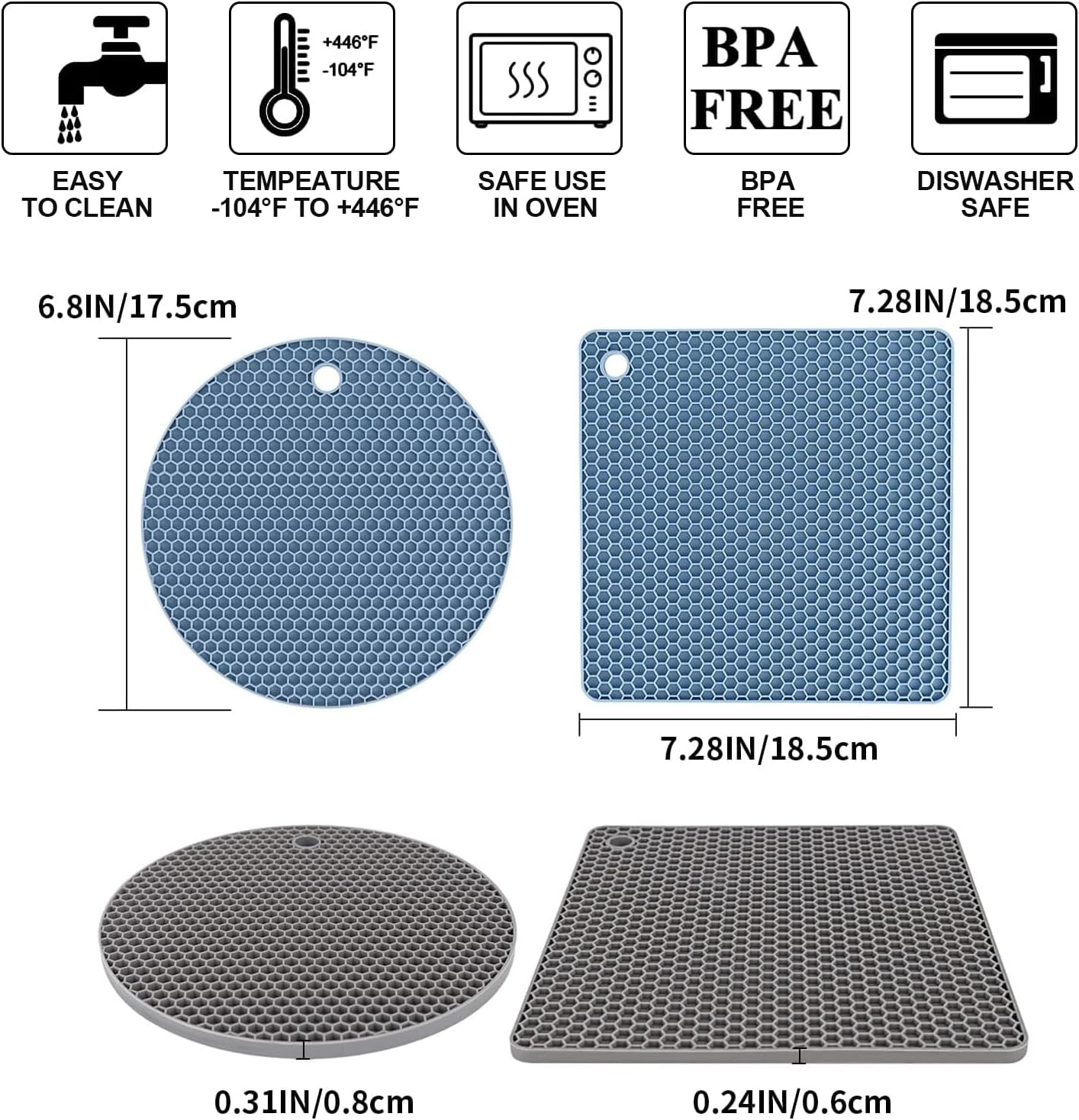 Trivets for Hot Dishes, 4 Pack Silicone Hot Pads Pot Holders for Kitchen, Non-Slip Heat Resistant Silicone Mat for Countertops, Spoon Rest, Multipurpose Food Grade Thick Trivet(Gray& Blue)