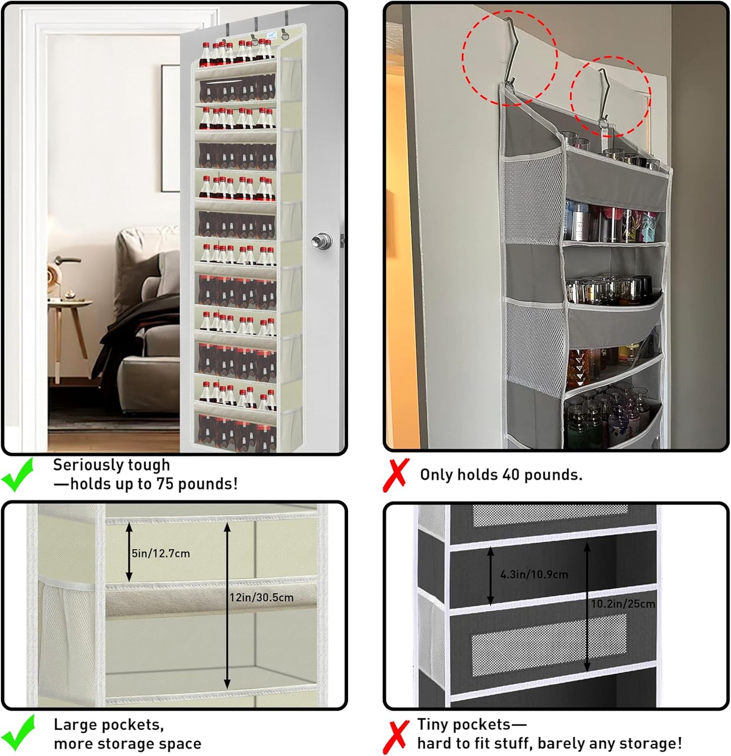 over the door organizer, Solid Bamboo Board (Not Plastic!) 6-Tier Heavy Duty 75LB, 12 Side Pockets, 3 Reinforced Hooks & Anti-Slip Pads, Waterproof & Washable, No Sagging, No Door Damage,Ivory